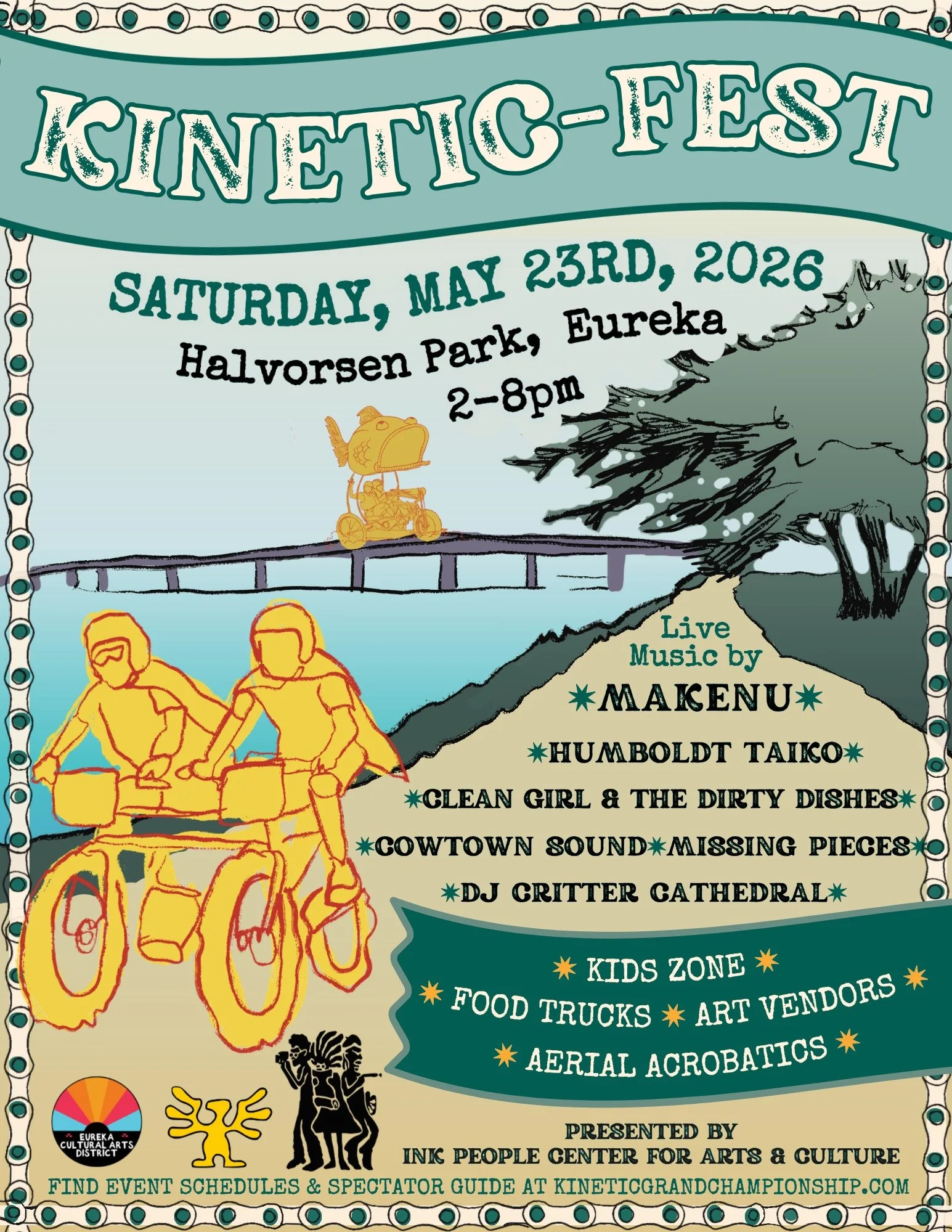 A glorious celebration awaits&hellip;..
On Saturday, May 23rd from 2pm-8pm, pedal your way over to Halverson Park for Kinetic-Fest! 

This free event highlights the creative energy of Humboldt County while providing an inclusive, welcoming space with