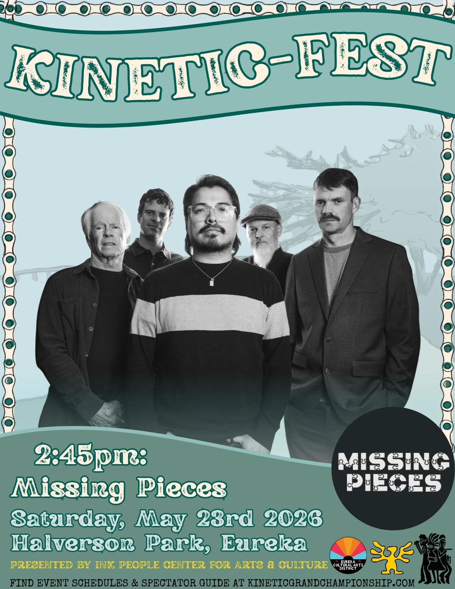 Don&rsquo;t miss a beat, hear Missing Pieces at Kinetic-Fest! Enjoy their set at 2:45pm/3pm at Halverson Park, Eureka. 
This is a free event!

Missing Pieces is an explosive rock cover band. They will be playing your rock favorites LIVE this Saturday