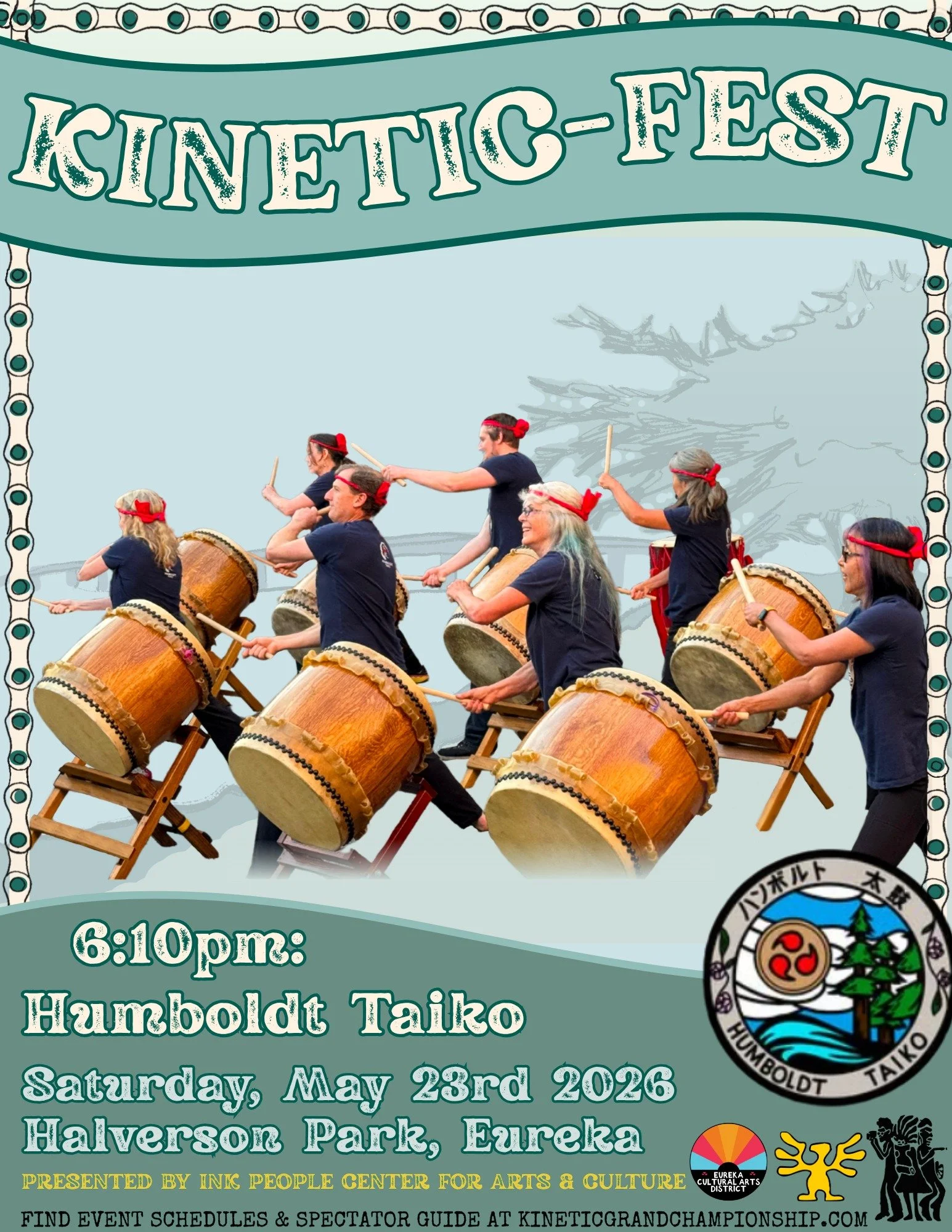 Humboldt Taiko will be playing on the Kinetic-Fest stage at 6:10pm this Saturday! 

Humboldt Taiko is a community-based taiko group spreading Taiko Love. The Japanese word taiko refers to any type of drum and has roots in ancient Japan. In North Amer