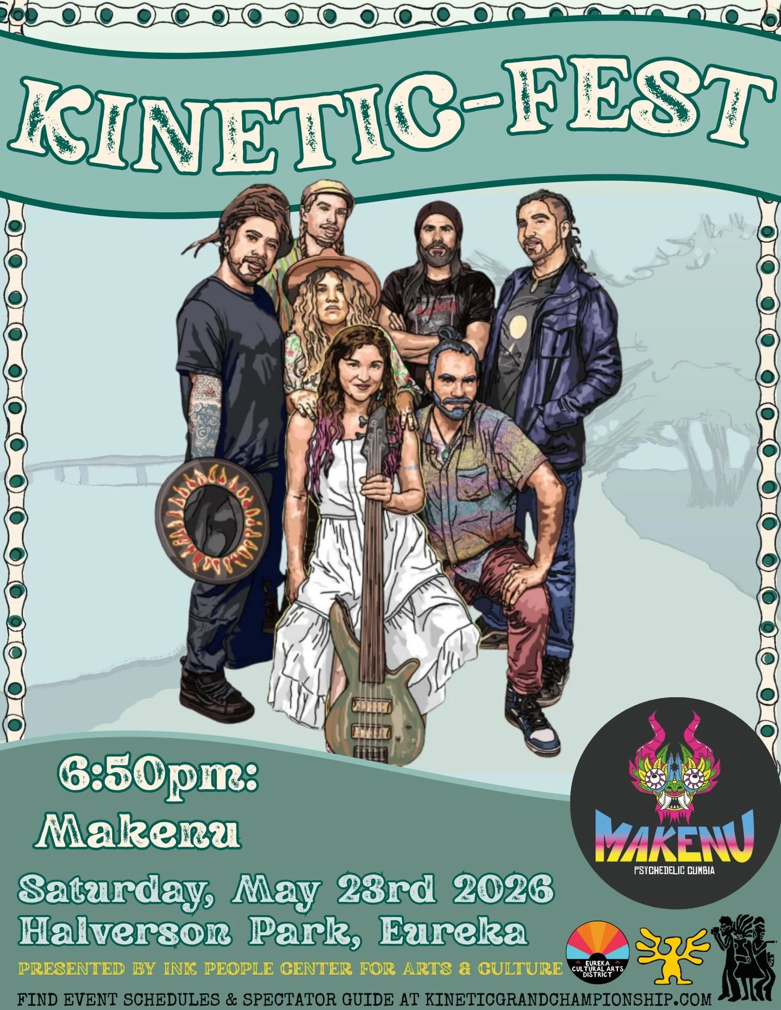 Headlining Kinetic-Fest is psychedelic cumbia band, Makenu! They will take the stage at 6:50pm, this Saturday at Halvorsen Park. Kinetic-Fest is a free event celebrating our incredible creative community. Live music, food trucks, art vendors, aerial 