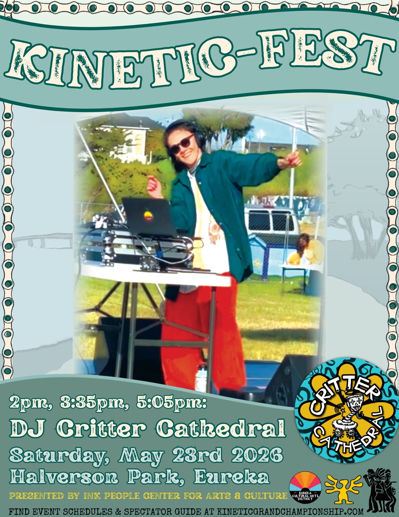 Keeping the grooves going at Kinetic-Fest is DJ Critter Cathedral! With 3 sets in-between band performances at 2pm, 3:35pm, and 5:05pm you&rsquo;ll have plenty of chances to dance to their curated tunes! 

Kinetic-Fest is a free event celebrating our
