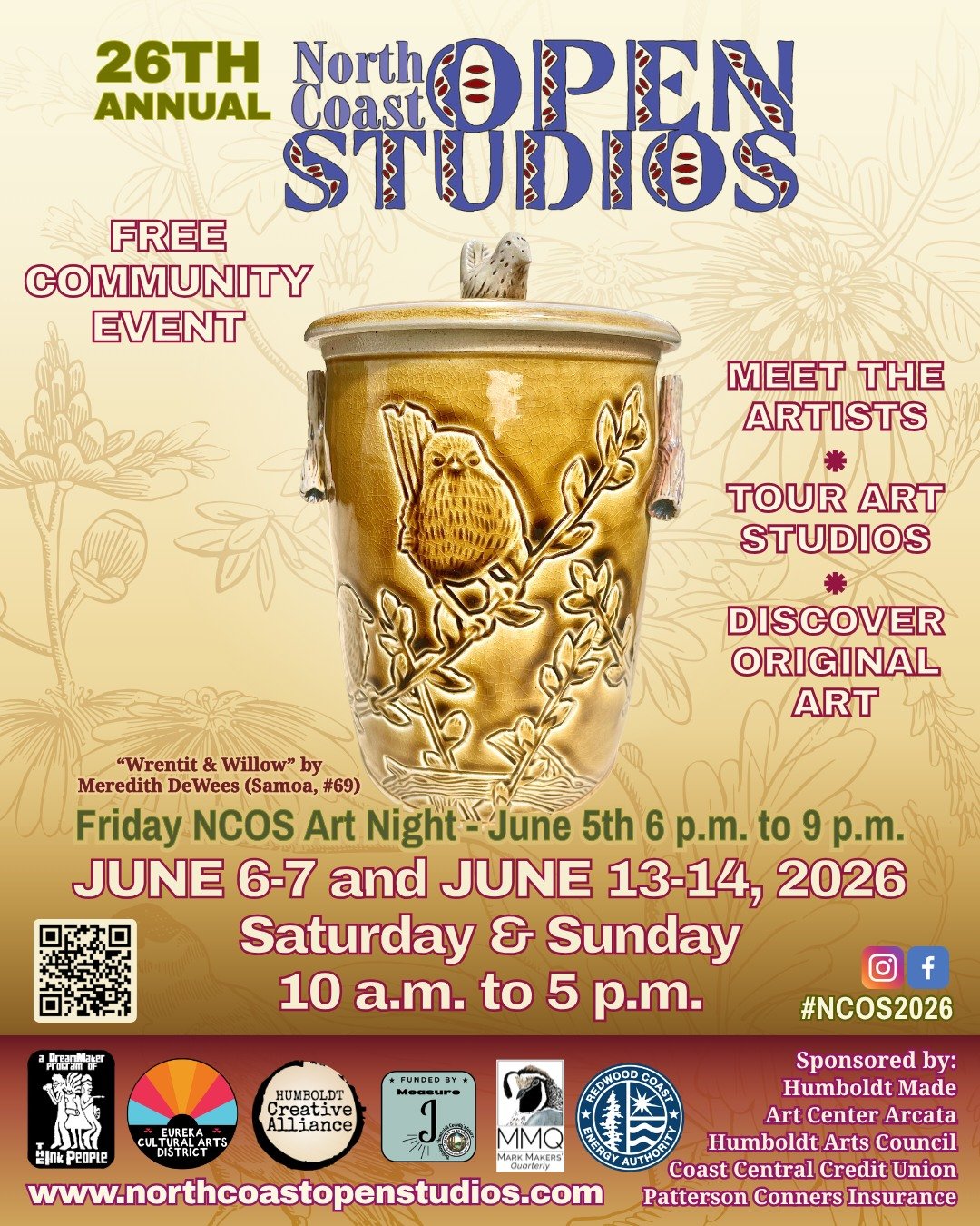 The 26th Annual North Coast Open Studios starts THIS weekend! 
Friday NCOS Art Night: June 5th, 6pm - 9pm 
NCOS Weekend One: Saturday, June 6th &amp; Sunday, June 7th from 10am to 5pm
NCOS Weekend Two: Saturday, June 13th &amp; Sunday June 14th from 