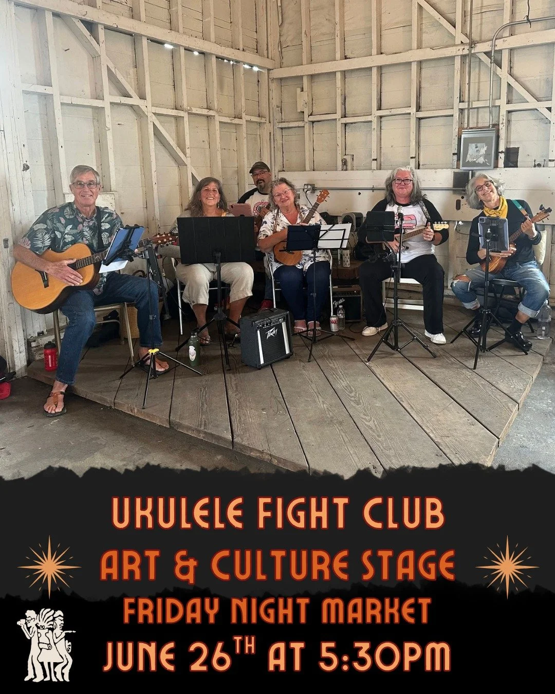 The first rule of Ukulele Fight Club is&hellip;. tell everyone!

Ukulele Fight Club of Humboldt is performing on the Arts and Culture stage at 315 2nd St. during this week&rsquo;s Eureka Friday Night Market! June 26th starting at 5:30pm. 

Ukulele Fi