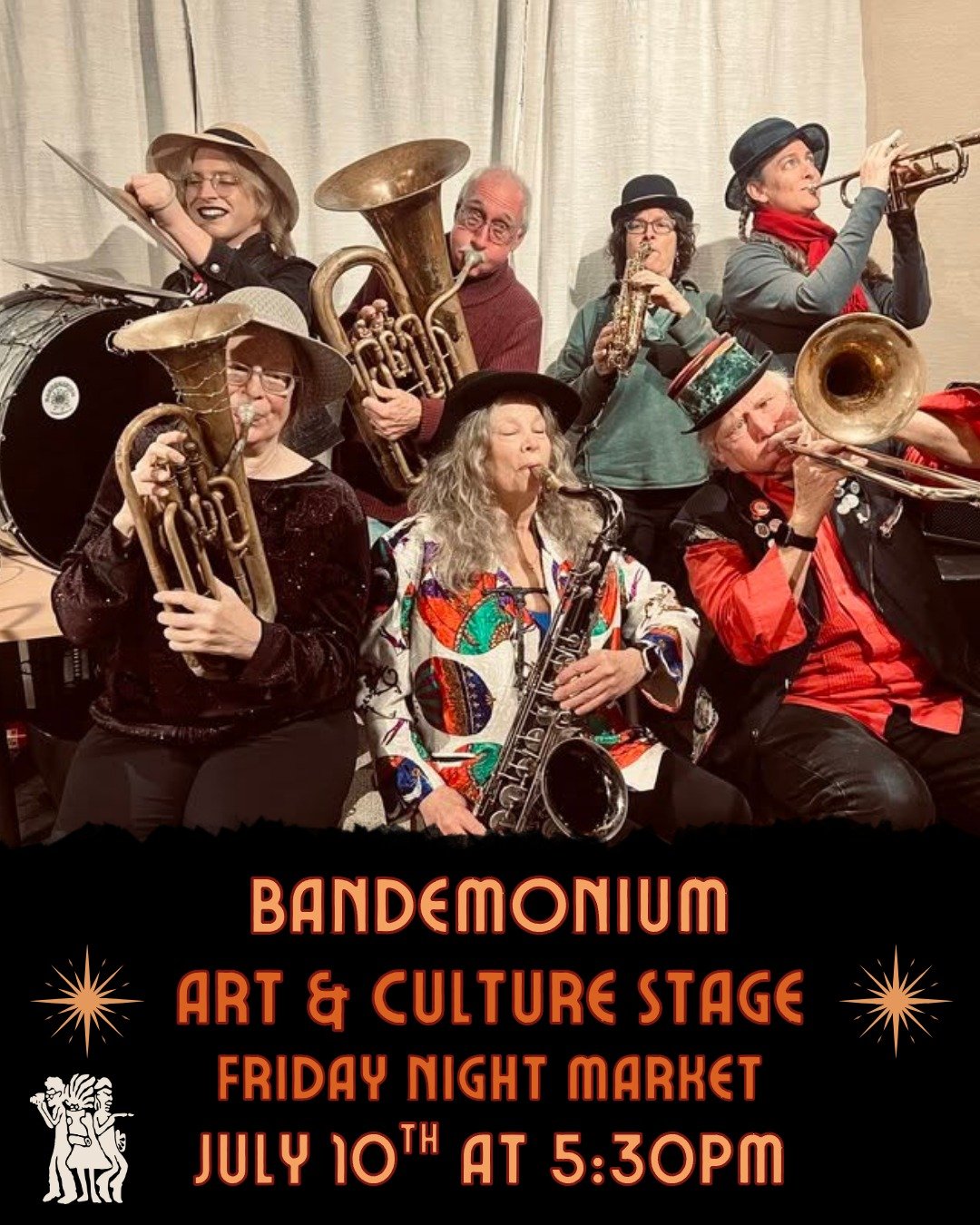 Friday Night Market is back this week and so are the tunes! 
Bandemonium will be bringing their lively music to the Arts and Culture stage at 315 2nd St. during this Friday, June 26th at 5:30pm. 

Bandemonium is a horn and drum band built on the worl