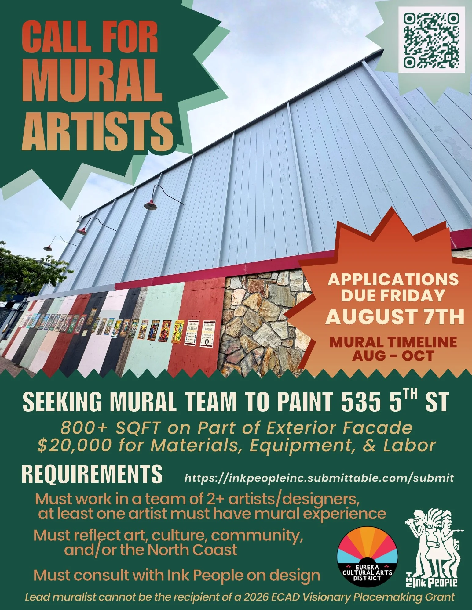 Call for Mural Artists!!🗣️🎨

The Ink People Center for Arts &amp; Culture seeks an artist team to design &amp; paint a mural on the exterior of its soon-to-open art &amp; culture hub, located at 535 5th St, Eureka. $20,000 in grant funding is avail
