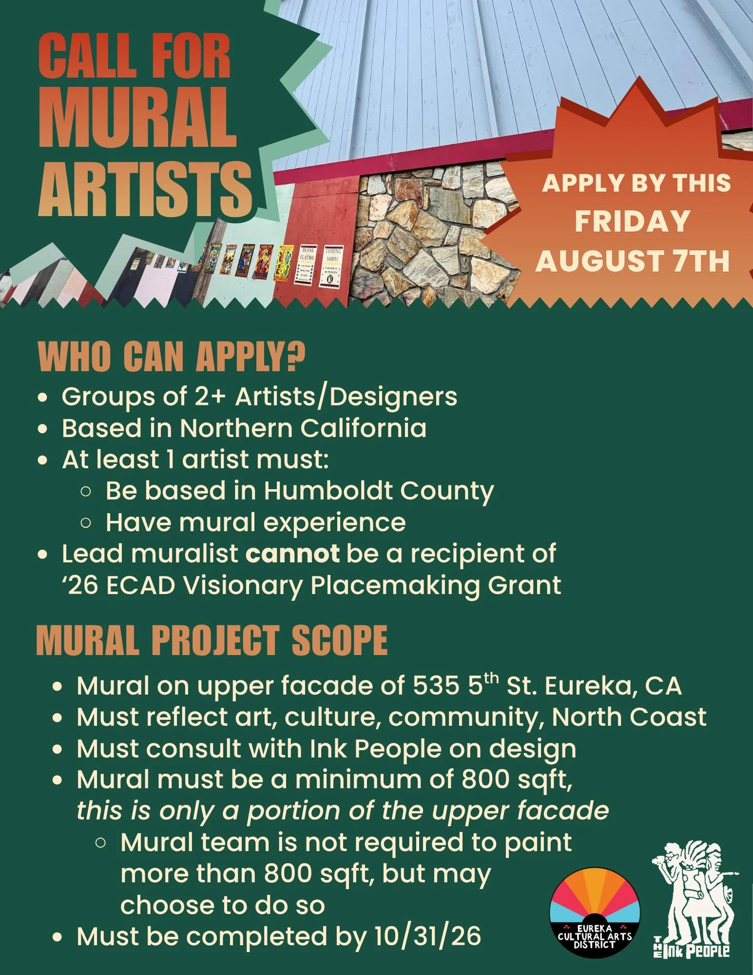 Call for Mural Artists, Two Days Left to Apply!!🗣️🎨

The Ink People Center for Arts &amp; Culture seeks a Northern California-based artist team to design &amp; paint a mural on the exterior of its soon-to-open art &amp; culture hub, located at 535 