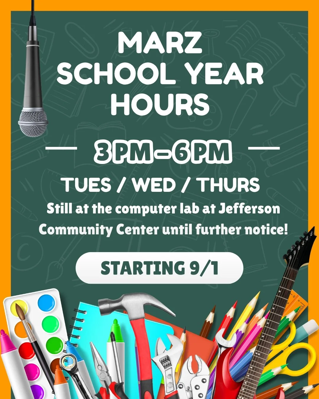 MARZ School Year Hours announcement!

Starting 9/1 our hours are changing back to 3 PM - 6 PM Tuesday, Wednesday, and Thursday for the school year. Since our permanent home is still under construction, we're continuing to meet at the computer lab at 