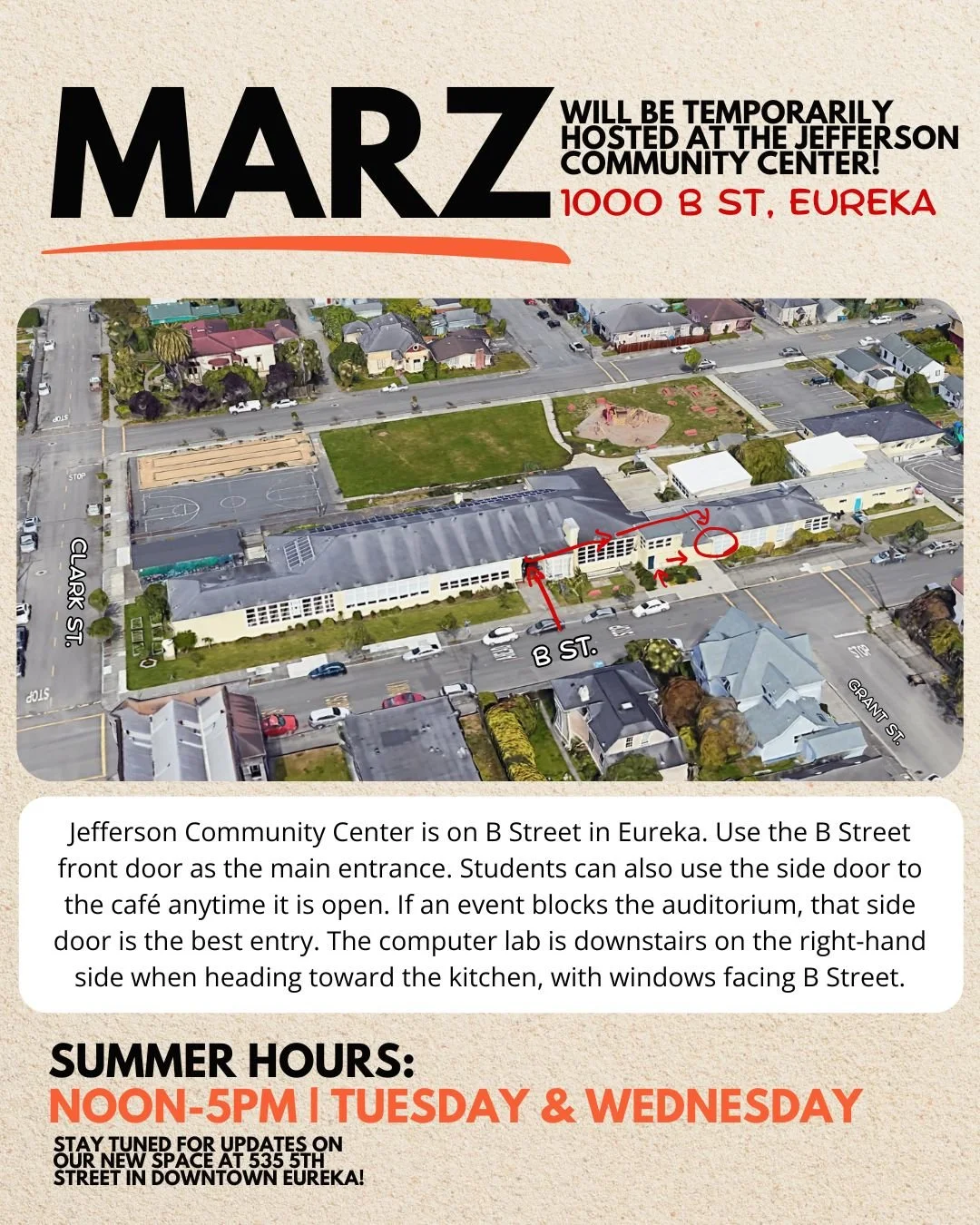 MARZ will be temporarily hosted at the Jefferson Community Center computer lab. 1000 B St, Eureka.

Summer Hours: Noon&ndash;5pm, Tuesday &amp; Wednesday

Stay tuned for updates on our new home at 535 5th Street in downtown Eureka!