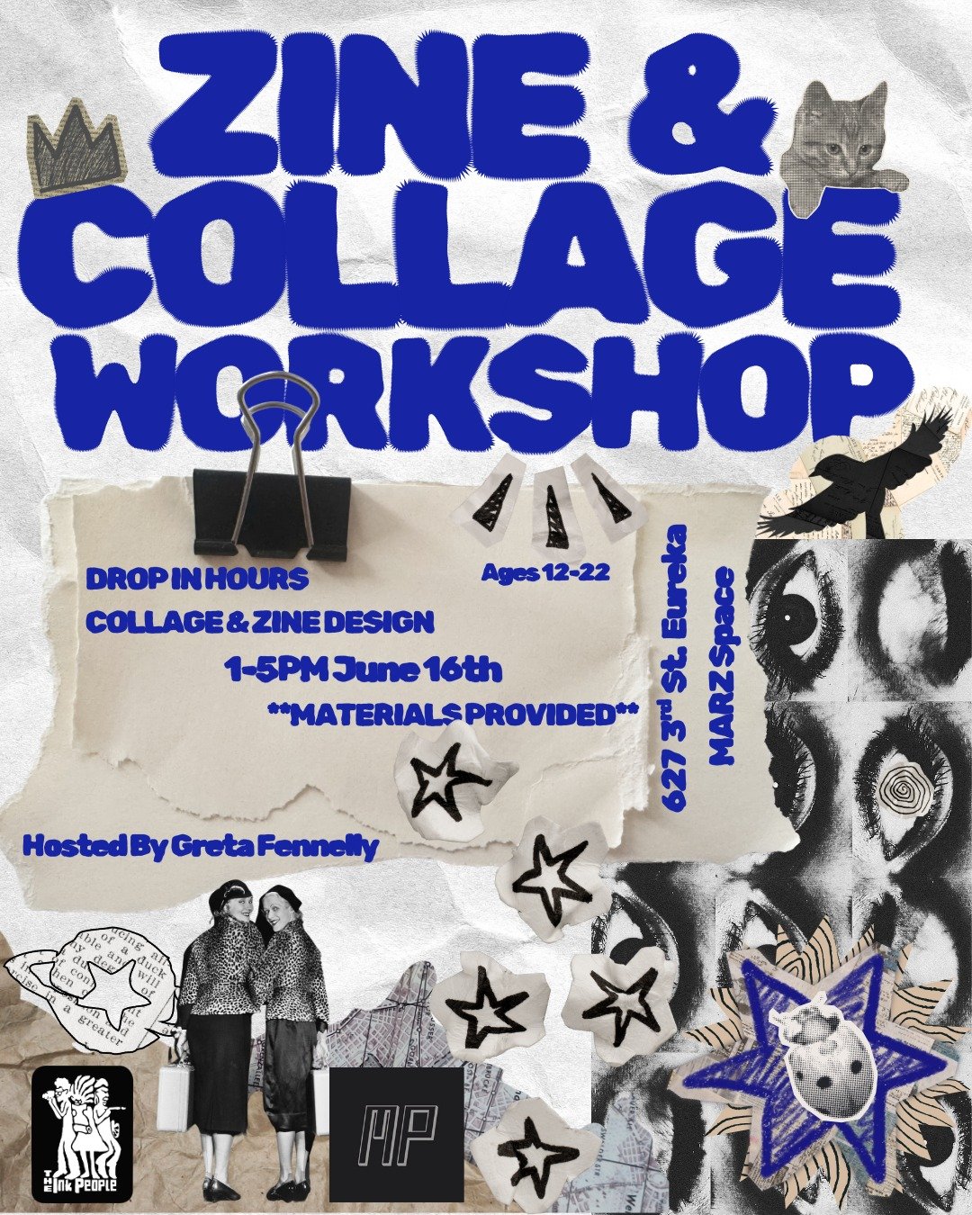 This coming Tuesday June 16th from 1 to 5 PM we are hosting a zine and collage design workshop with @inkpeoplecenterforthearts very own Greta! Anyone ages 12 - 22 is welcome to come by our space at 627 3rd St and participate! Materials will be provid