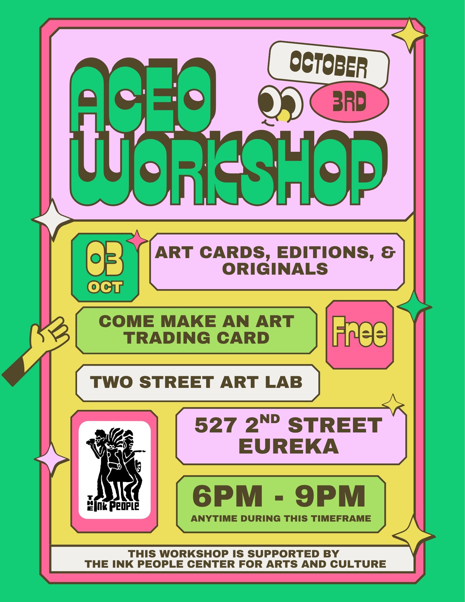 This Saturday, October 3rd! Join local artists at an ACEO Workshop! ACEO stands for art cards, editions, and originals. Make an art trading card at this free event. 

Drop in between 6pm - 9pm at Two Street Art Lab, located at 527 2nd St. Eureka. 

T