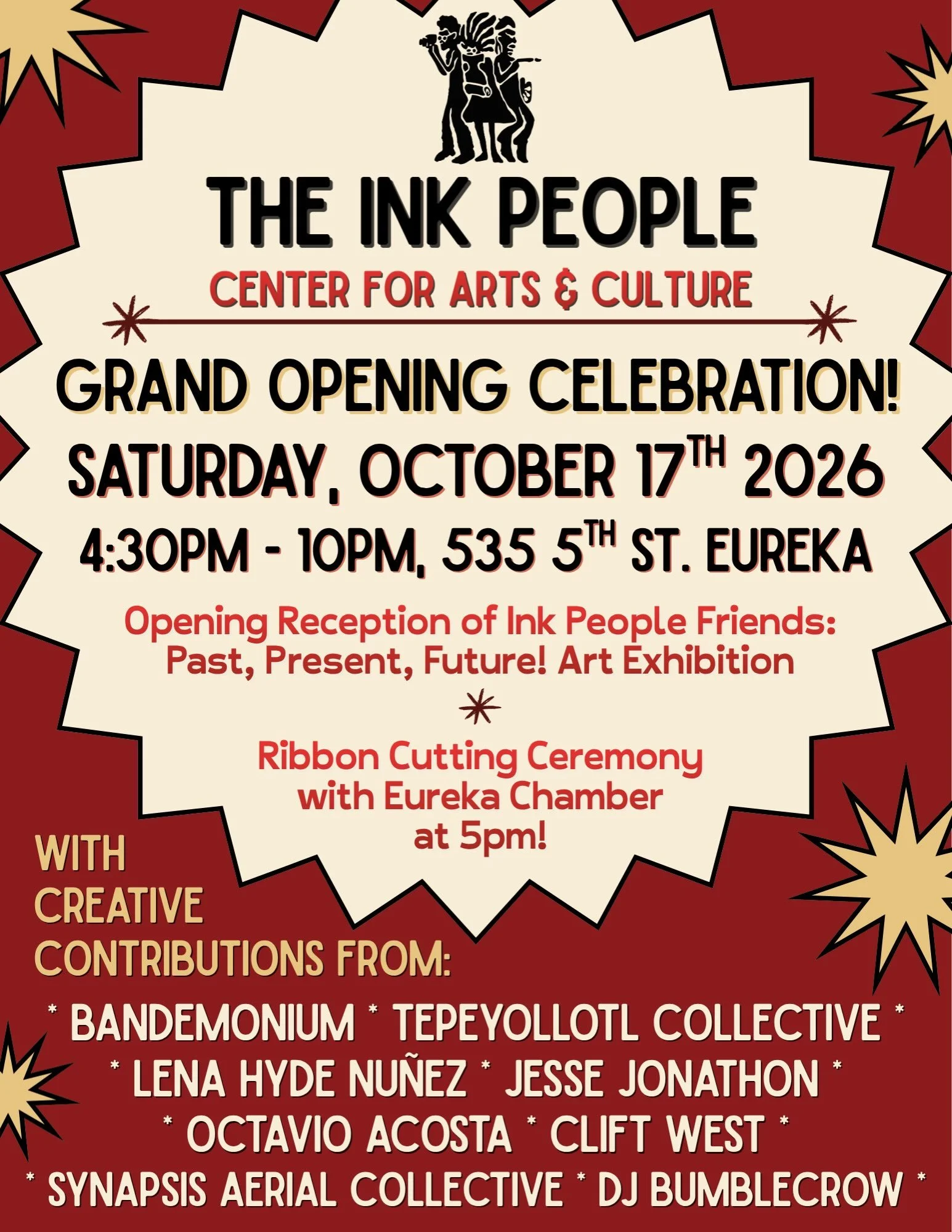 Come on out to celebrate the Grand Opening of Ink People, this Saturday, October 17th! Folks are welcome to arrive 4:30pm ahead of the ribbon cutting with Eureka Chamber at 5pm. 

See local art contributed by creatives connected with Ink People over 