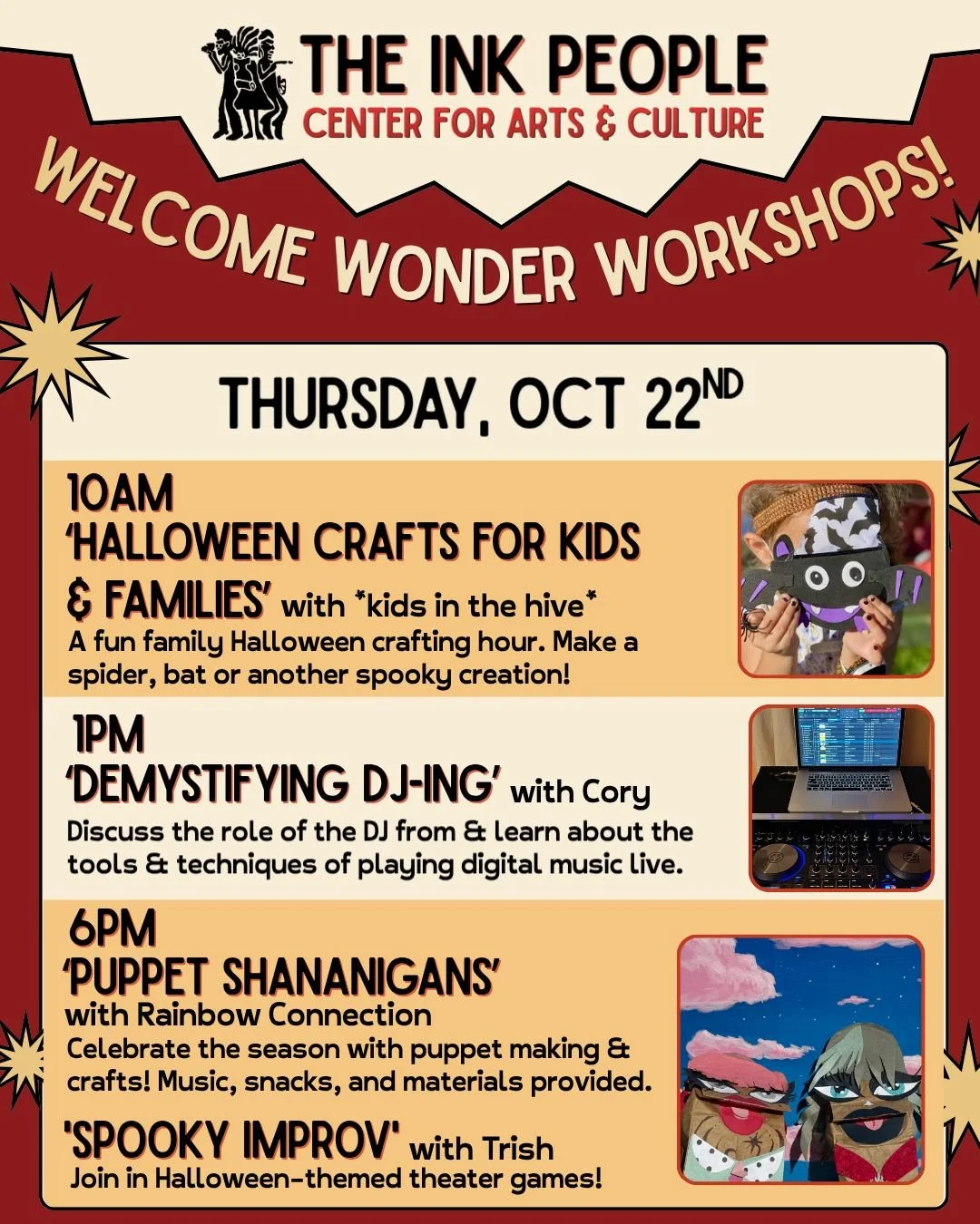 RSVP for the Welcome Wonder Workshops! Link in our bio. Activities are free &amp; will range from 1 - 2 hours each. Located at 535 5th St. Eureka. 
Check our previous post for information on today &amp; Wednesday&rsquo;s workshops!

Thursday, October