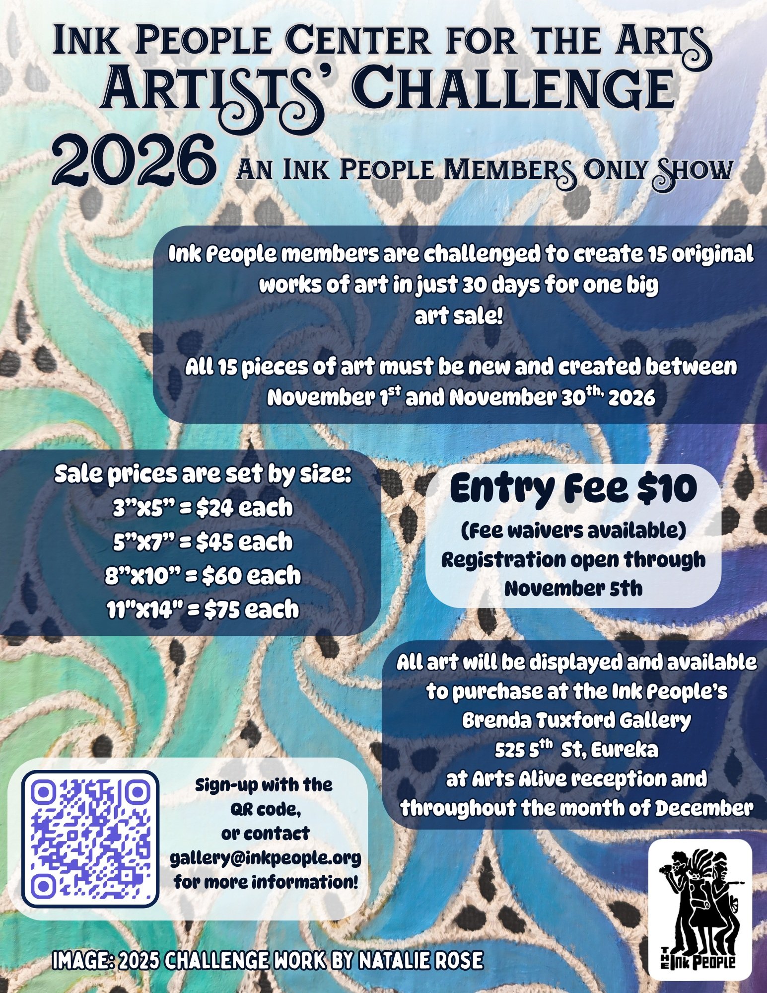 The Ink People Artists&rsquo; Challenge has returned! 

Participating artists will make 15 new works of art in one of four size categories during the month of November, to be displayed in a show at Arts Alive in December. 3"x5", 5"x7&q