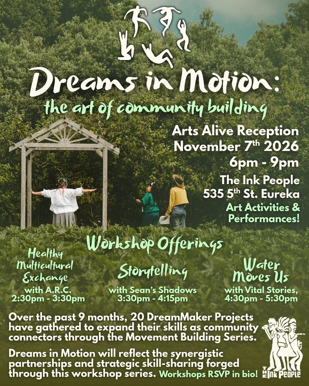 Dreams in Motion: the art of community building
Arts Alive Reception November 7th, 6pm - 9pm at the Ink People 535 5th St. Eureka. 

Over the past 9 months, 20 Ink People DreamMaker Projects have gathered to expand their skills as community connector