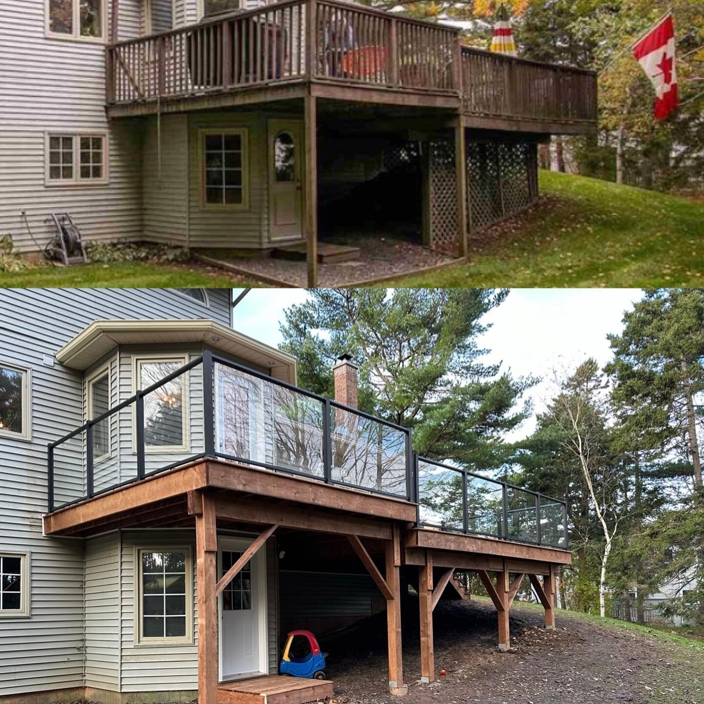 Before and after of this wonderful split level deck we just completed for our awesome customers in Bedford. Aluminum railings with glass from @centuryrailings and pressure treated terra brown lumber from @goodfellowinc 
#blueridgebuilders #halifaxcon
