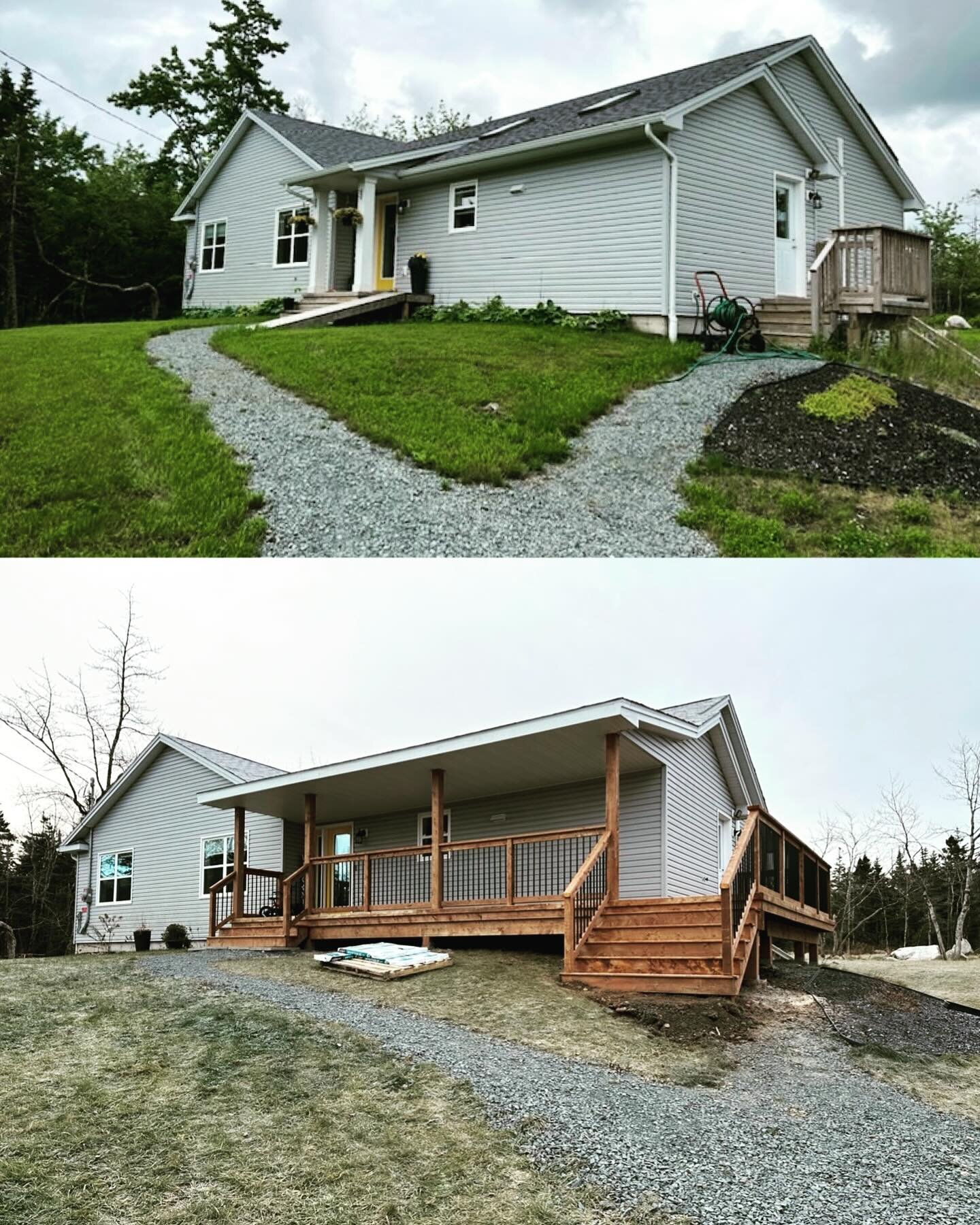 What an amazing transformation on this project we just completed for our friends at @halifaxrenoworx 
Wrap around front porch with newly built porch roof. 
Lumber is @goodfellowinc terra brown and railing balusters from @nuvoiron 
#blueridgebuilders 