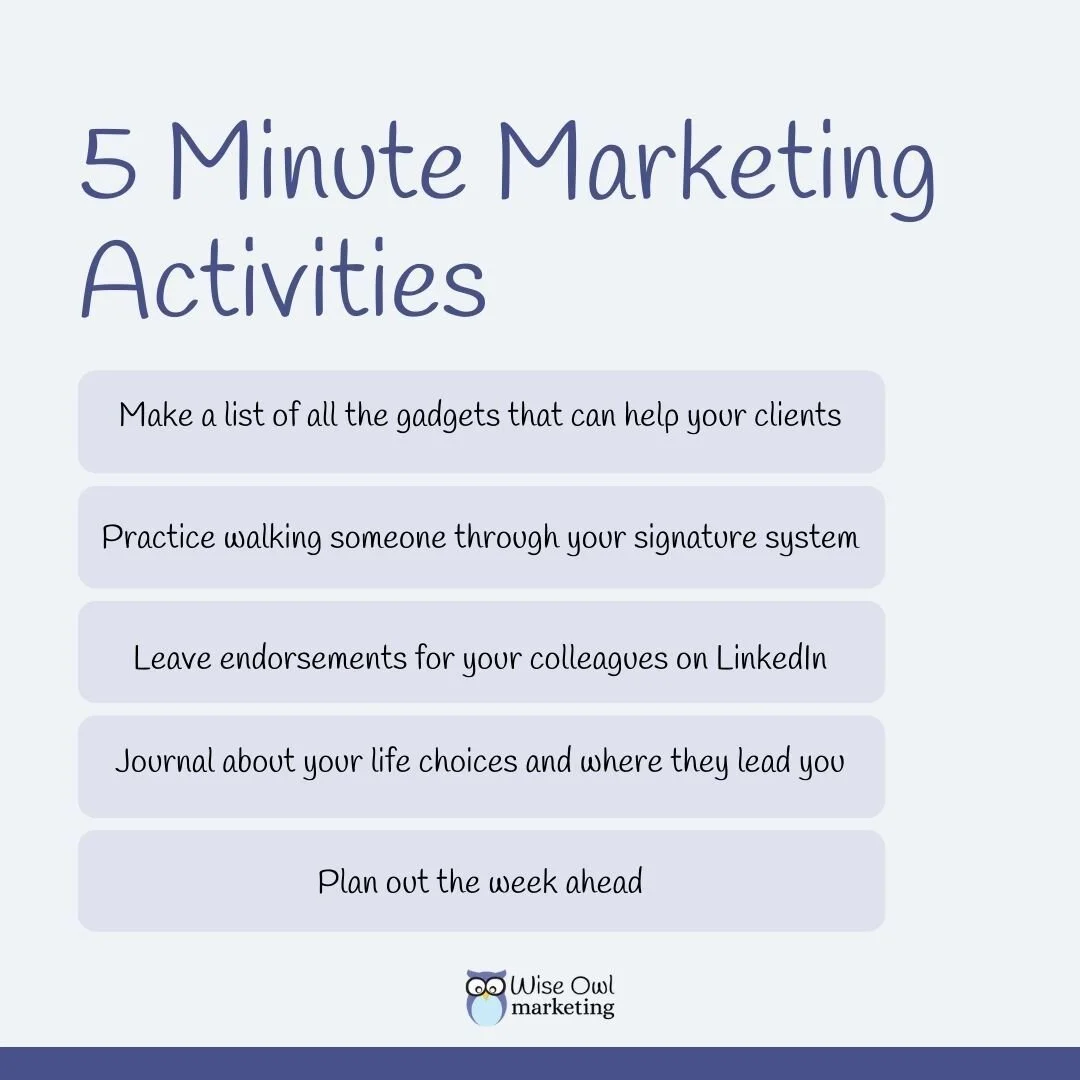 Who's ready to make an impact on their marketing with just 5 minutes every day? Here are your Daily 5 Minute Marketing Activities for the week -- enjoy!
.
.
.
#marketing #marketingmissions #dailymarketing #dailymarketingmissions #marketingforsmallbus