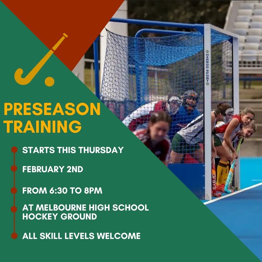 Preseason starts this Thursday! 
🏑 All skills levels welcome from beginner to experienced. 
🏑 New players encouraged to come have a go.
🏑 Training for both men's and women's teams. 
🏑 Meet the coaches and other players.