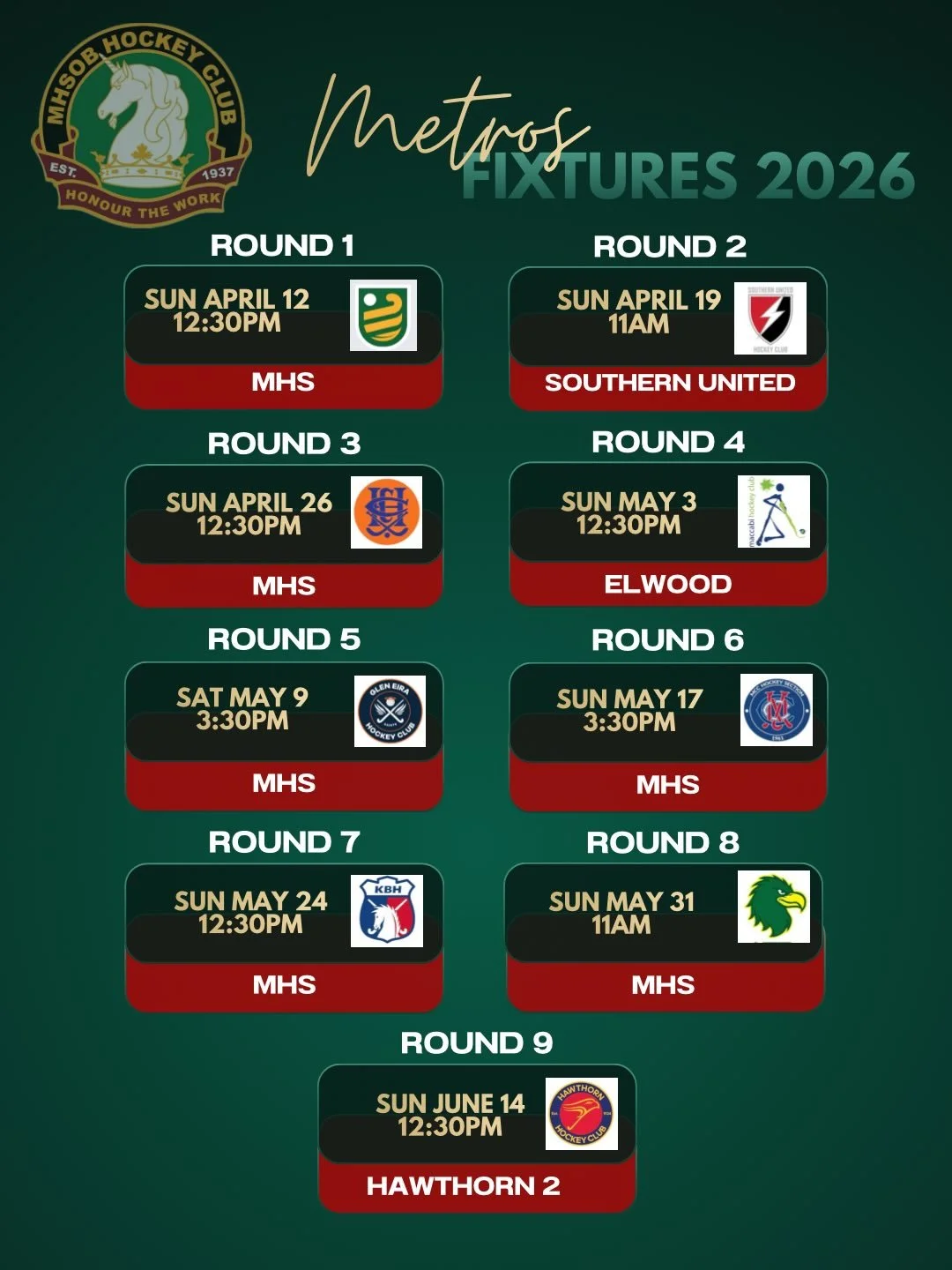 Metro 1 East 2026 fixtures 

Please note fixtures are subject to change and the Hockey Vic app/website should be checked for updates