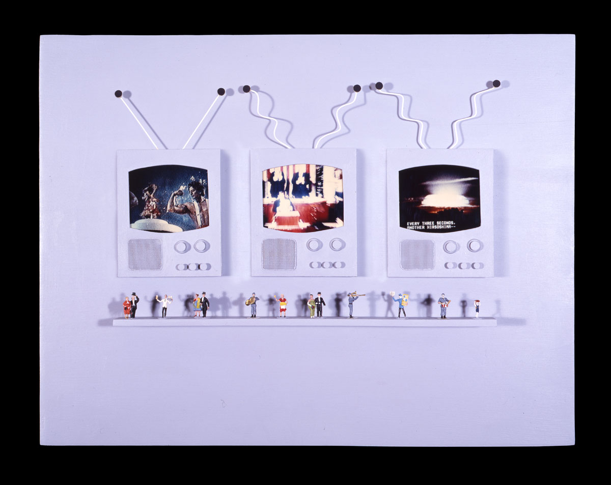 The End of the World Ain’t Going to Be No Spectator Sport 11”H x 14”W x 2”D, Polaroid SX-70 prints, scale model figures, fabric, screen, wire, masonite