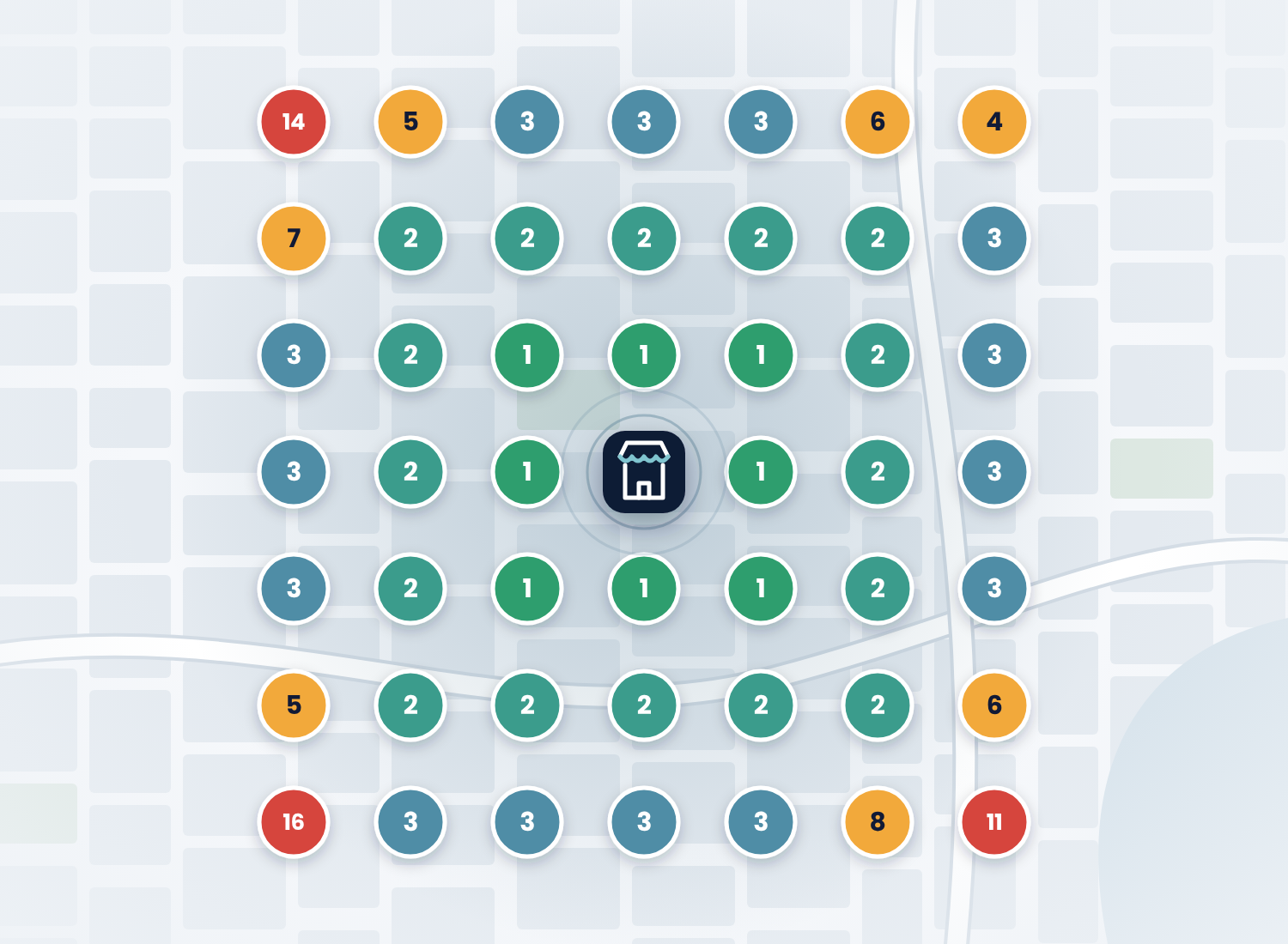 Google Maps ranking heat map with mostly top-3 pins