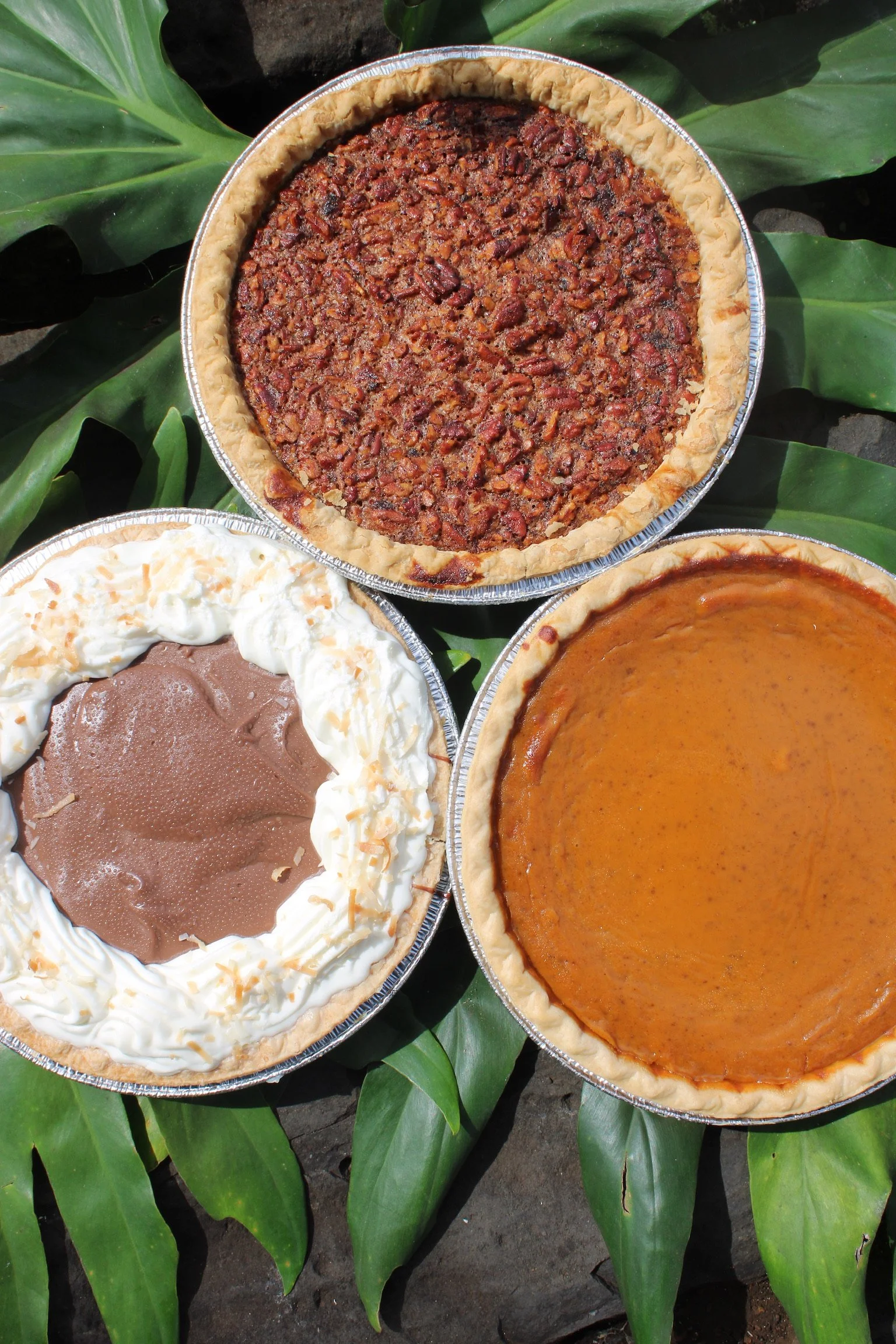 Pecan Pie, Pumpkin Pie, and Chocolate Haupia Pie