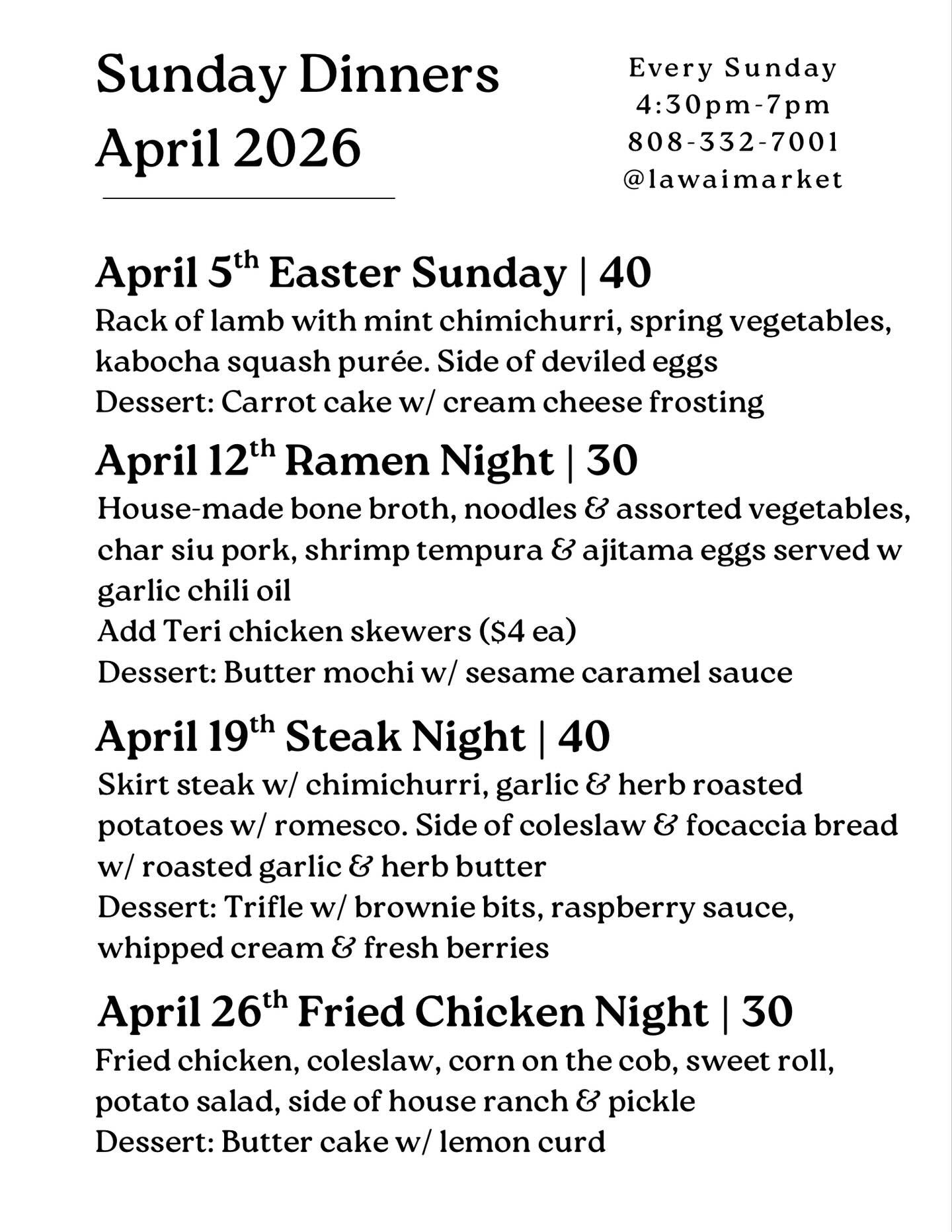 This month&rsquo;s line up of Sunday dinners