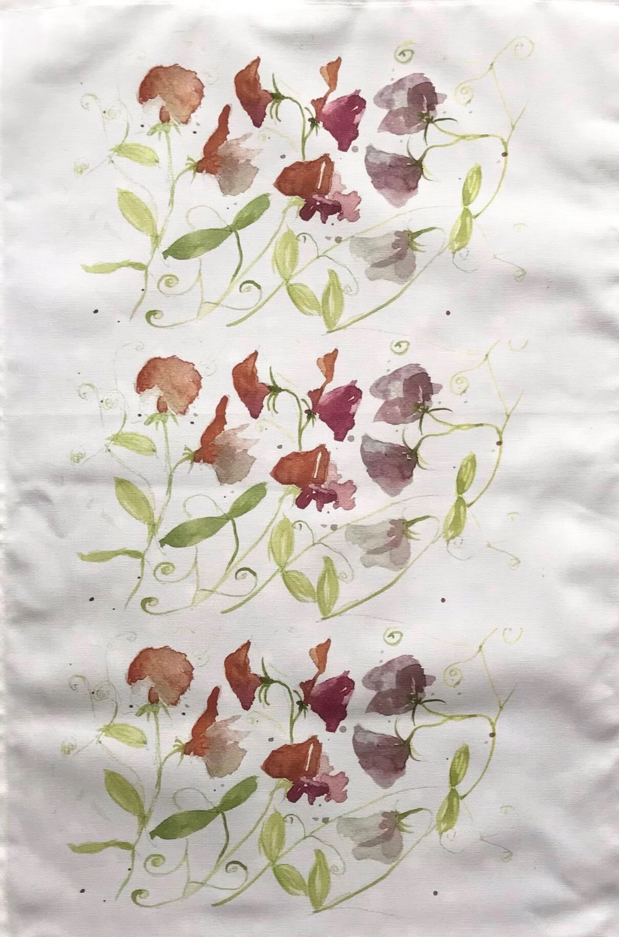 Repeat pattern sweet pea design tea towel