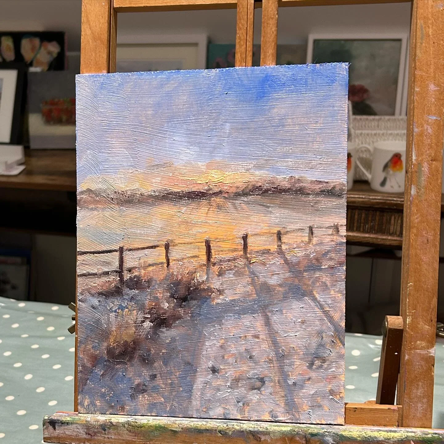 First painting of the New Year! This is a snowy morning landscape at the bottom of our garden.  The sun was rising through the tree line in the distance creating long shadows across the garden from the fence. I painted it this evening from a photo, i