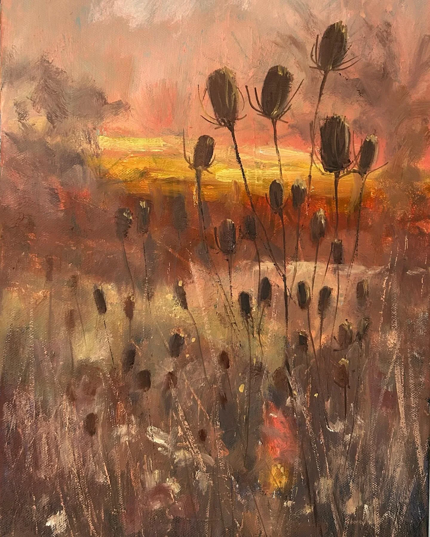 Morning winter sunshine through the teasels. 

Just added to my website, louisemanart.com

Oil on canvas, 30cm x 40cm. Part of my Winter Light collection. 

Don&rsquo;t forget to sign up to my newsletter for more info about new paintings, studio sale