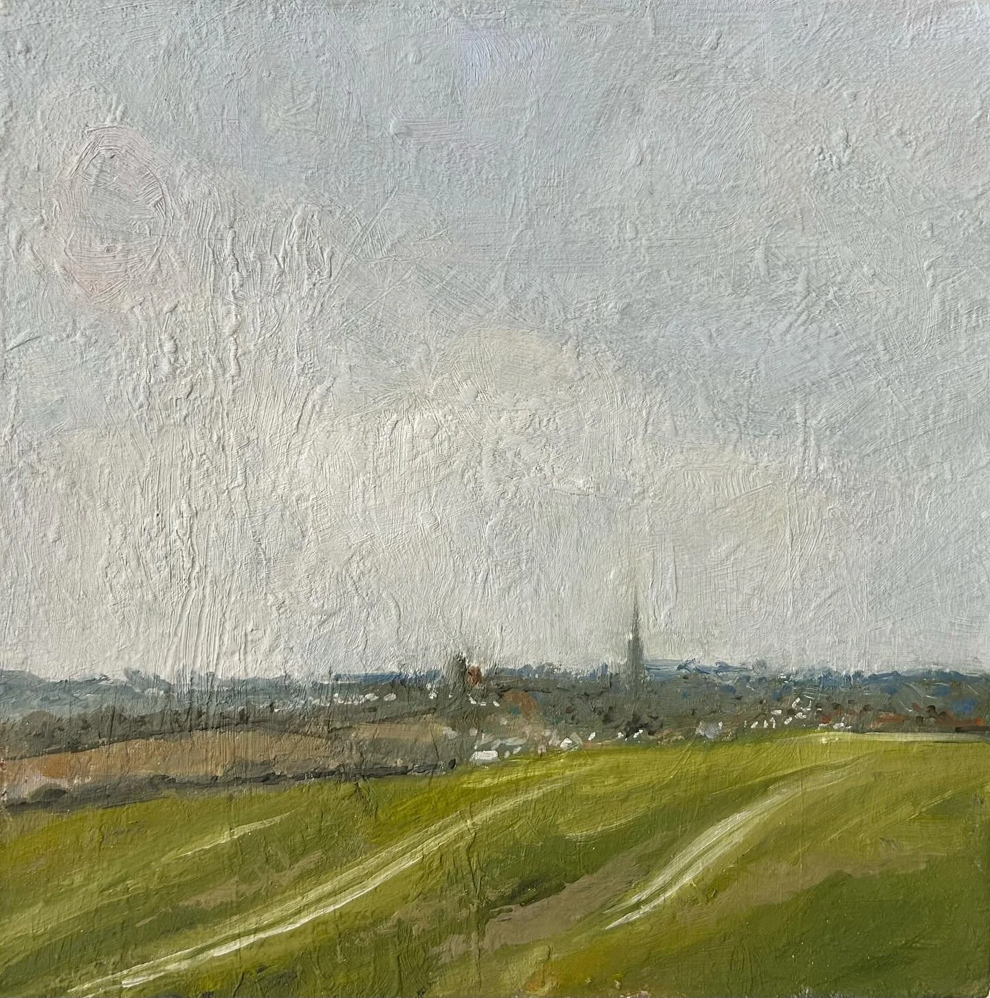 The view of Thaxted, from the top of the first hill into Thaxted from Dunmow. Part of the @dunmowartgroup Art Exhibition on today and tomorrow from 10am until 4pm at the Foakes Hall, Great Dunmow. 

#dunmow #landscape #localart #supportlocalartists