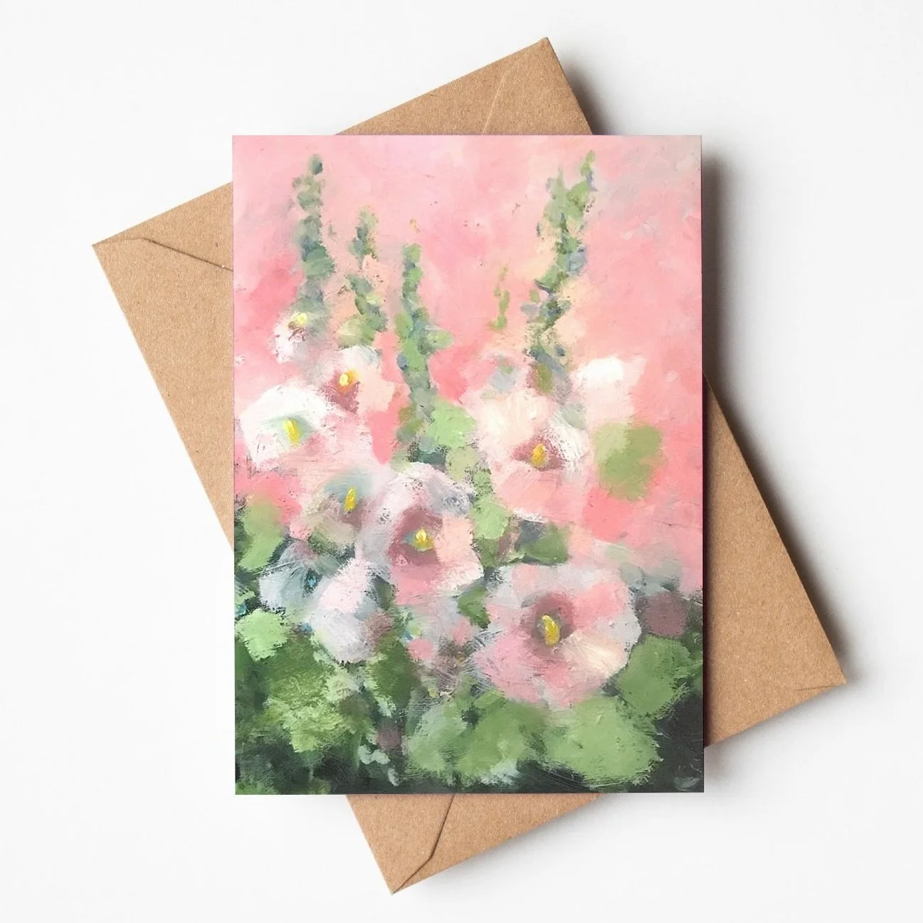 Pink hollyhocks greetings card