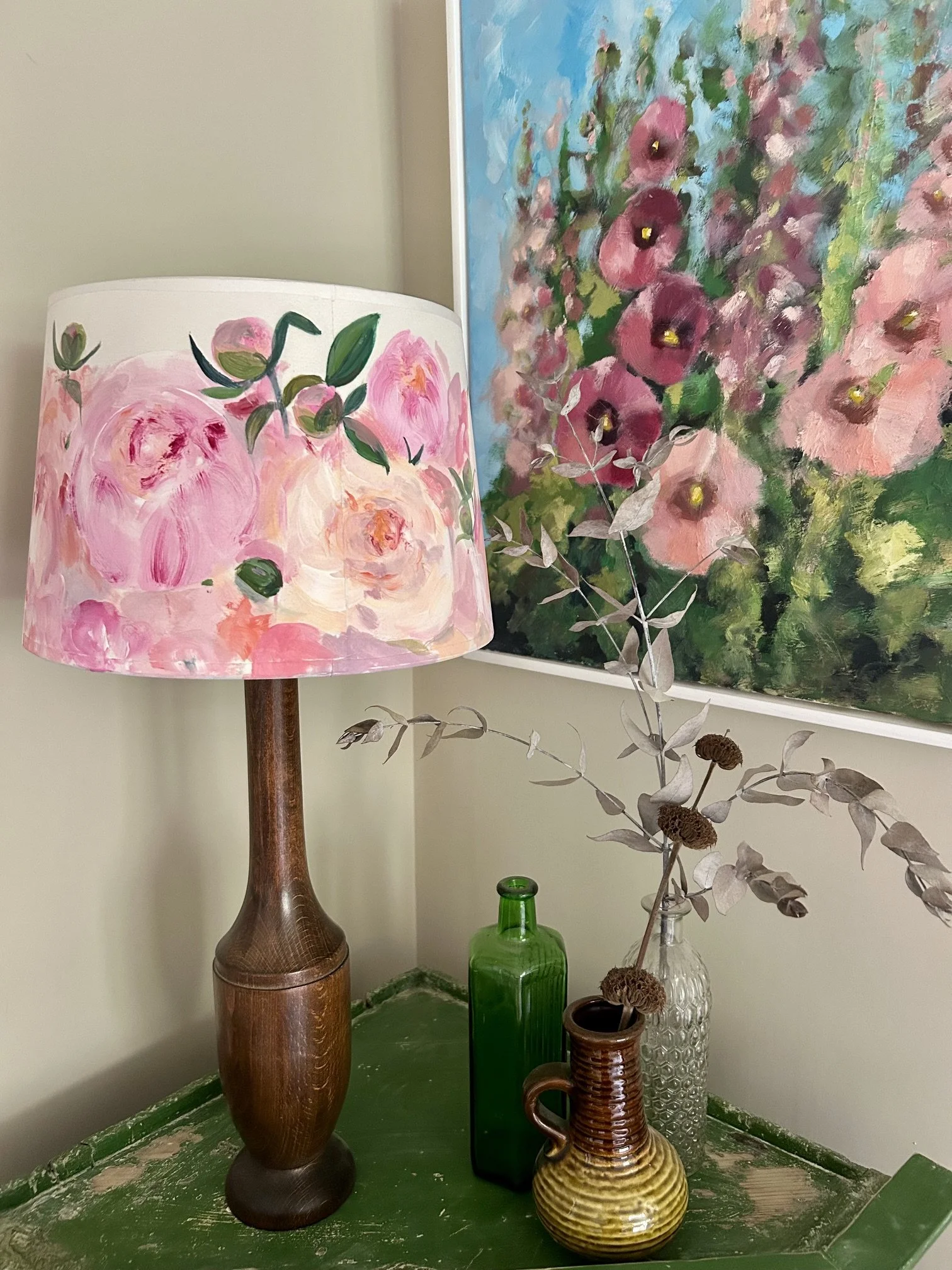 Hand painted pink peony lampshade