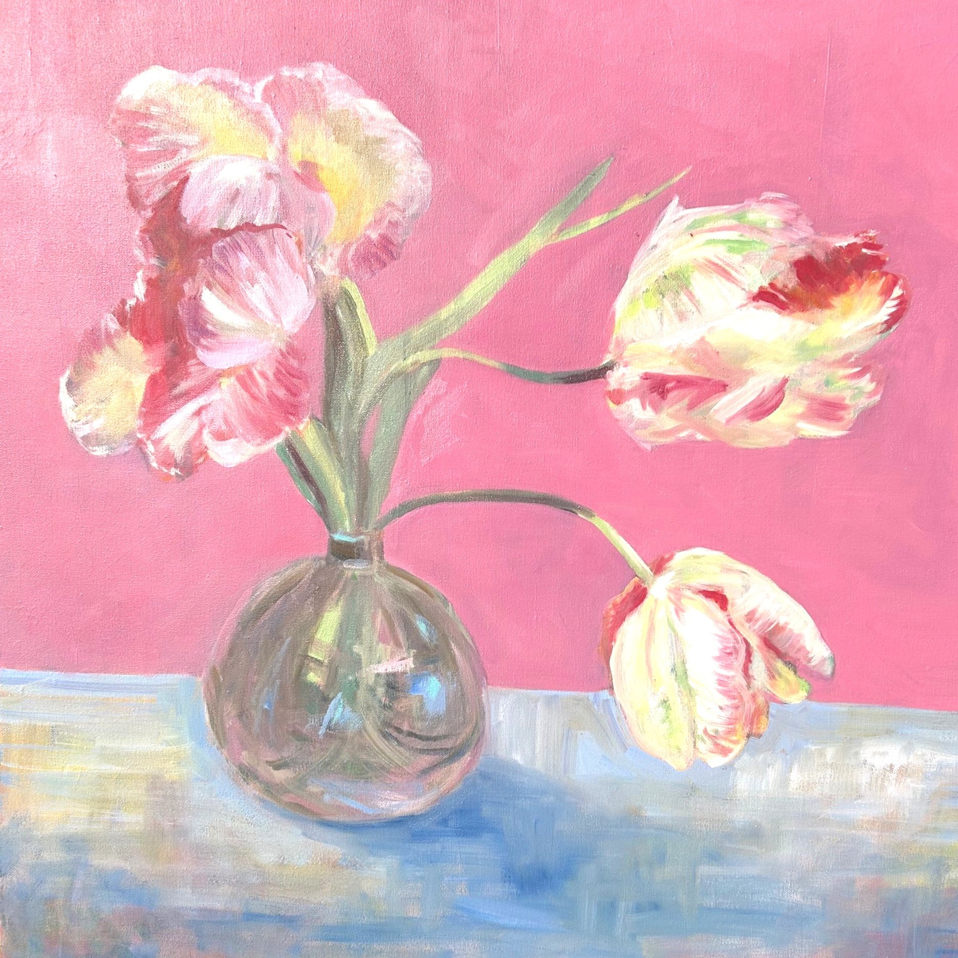 Frilled pink tulips in a vase oil painting by Louise Man Art