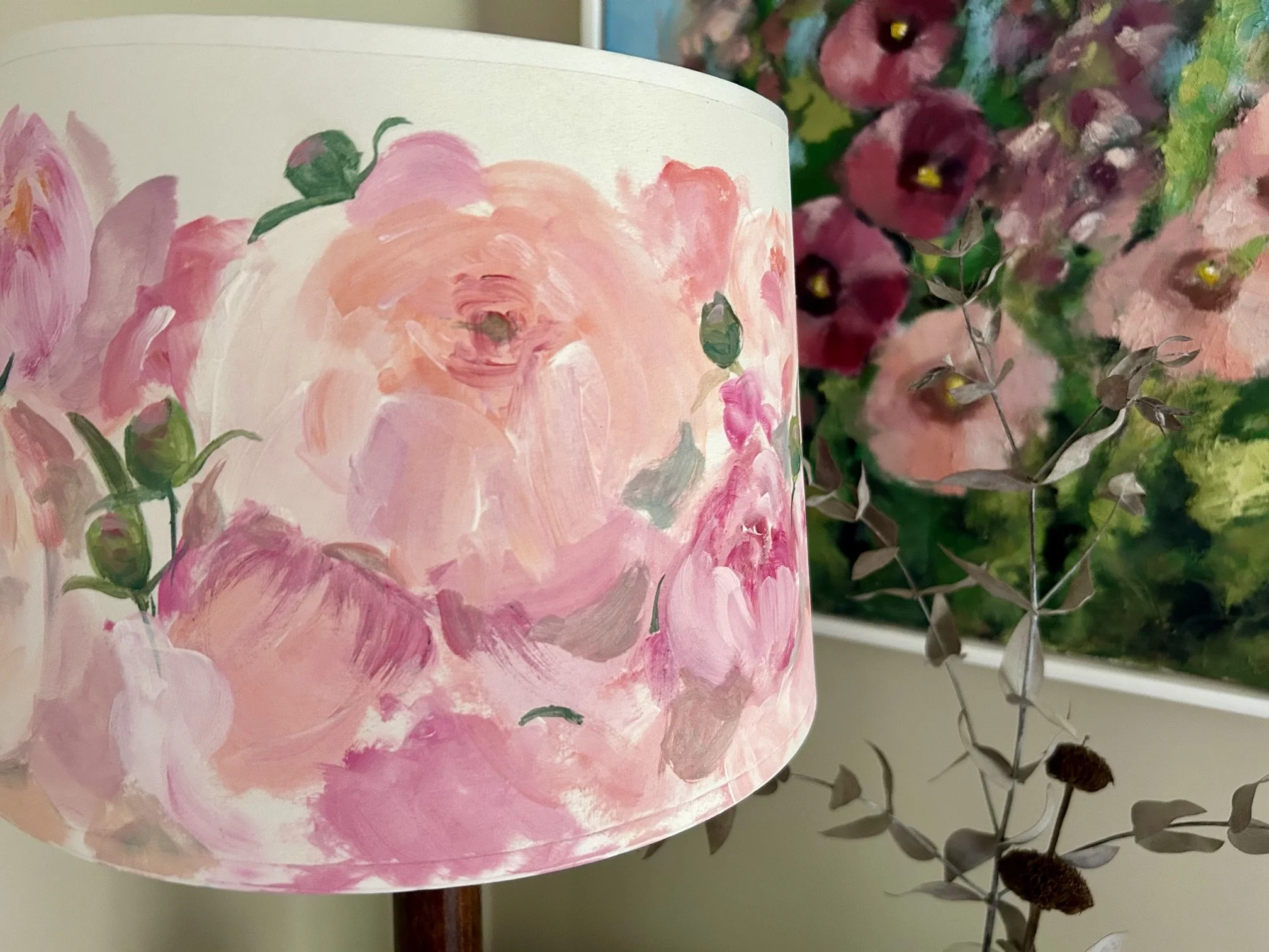 Hand painted pink peony lampshade