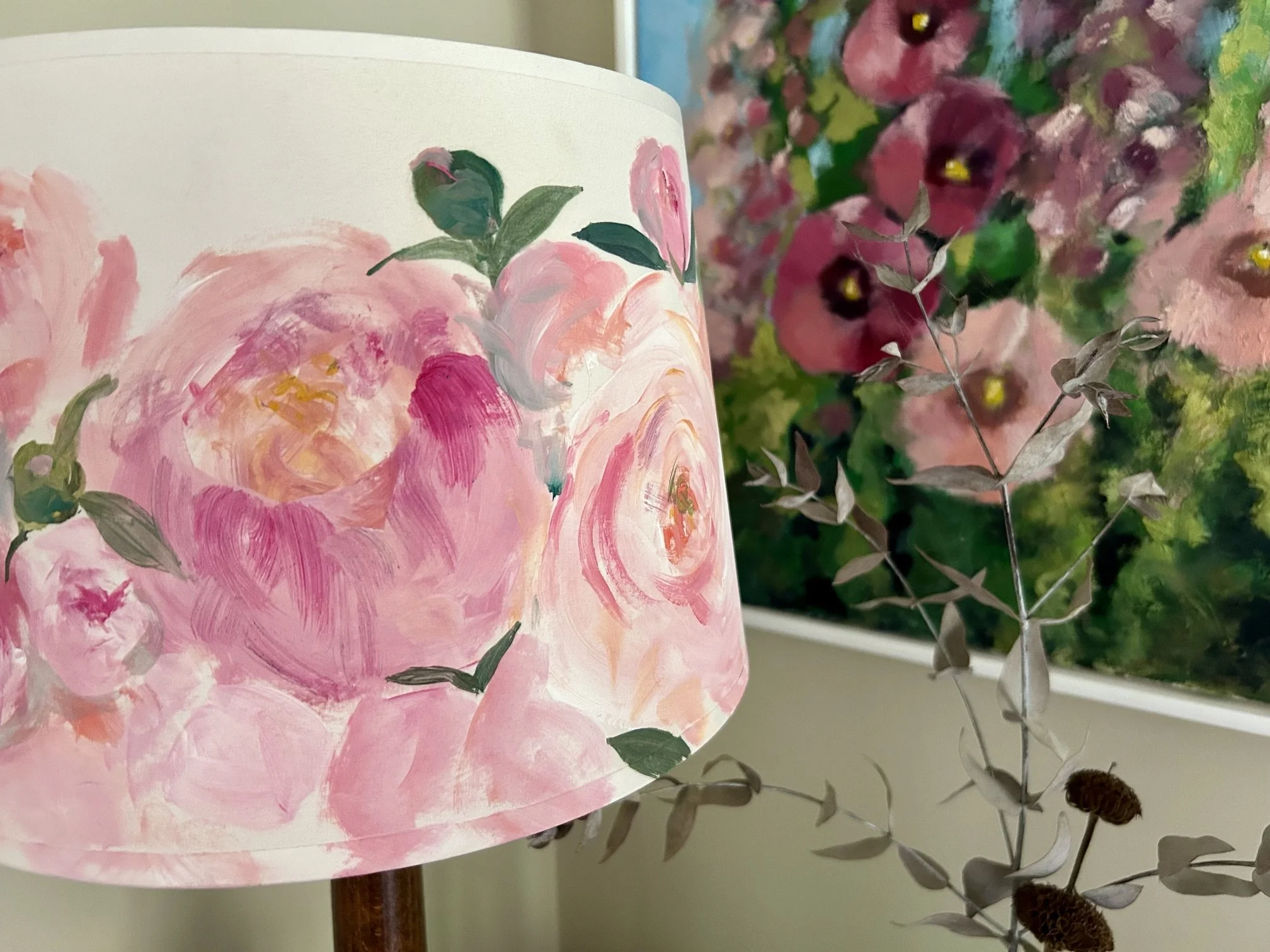 Hand painted pink peony lampshade