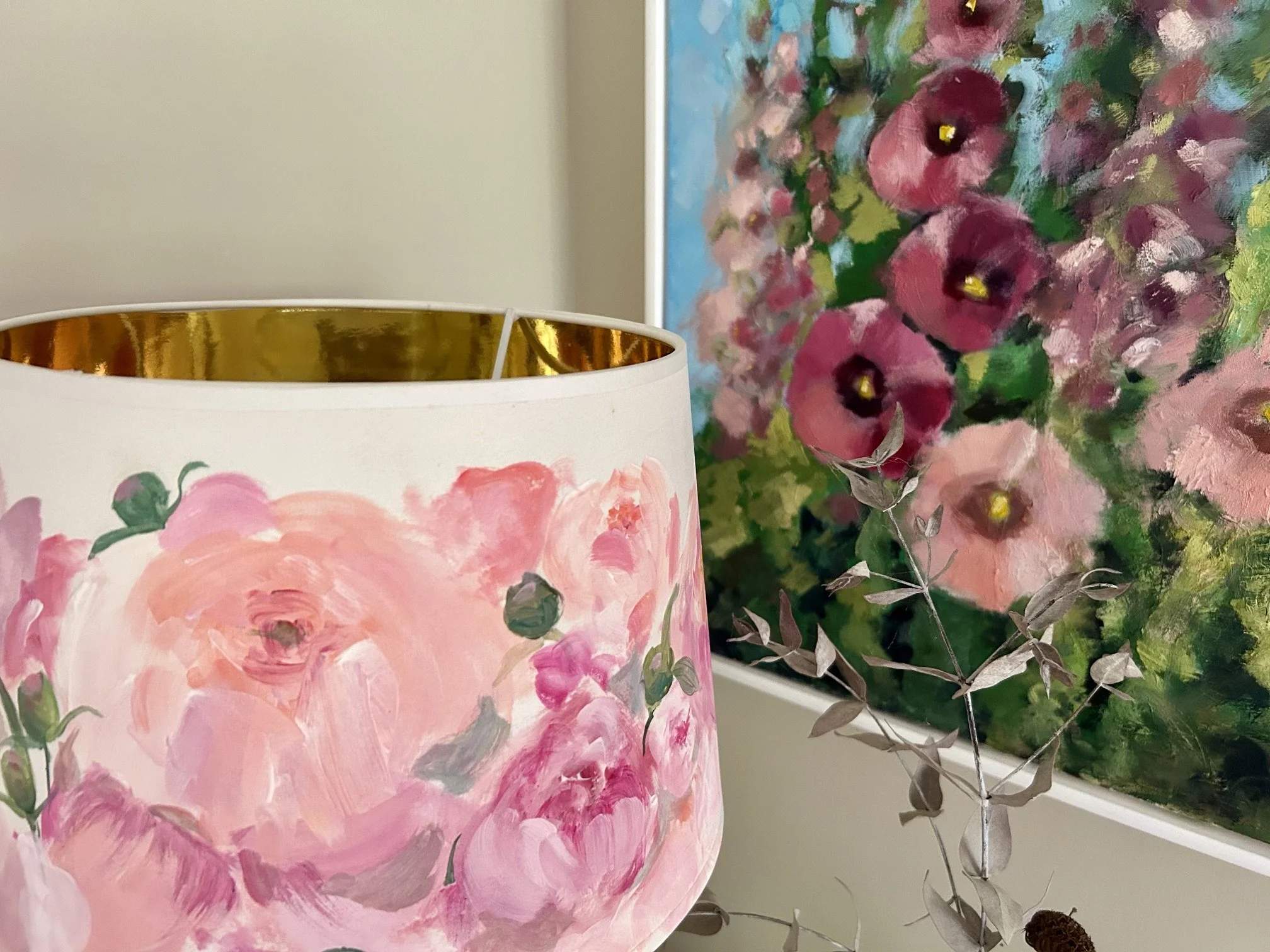 Hand painted pink peony lampshade