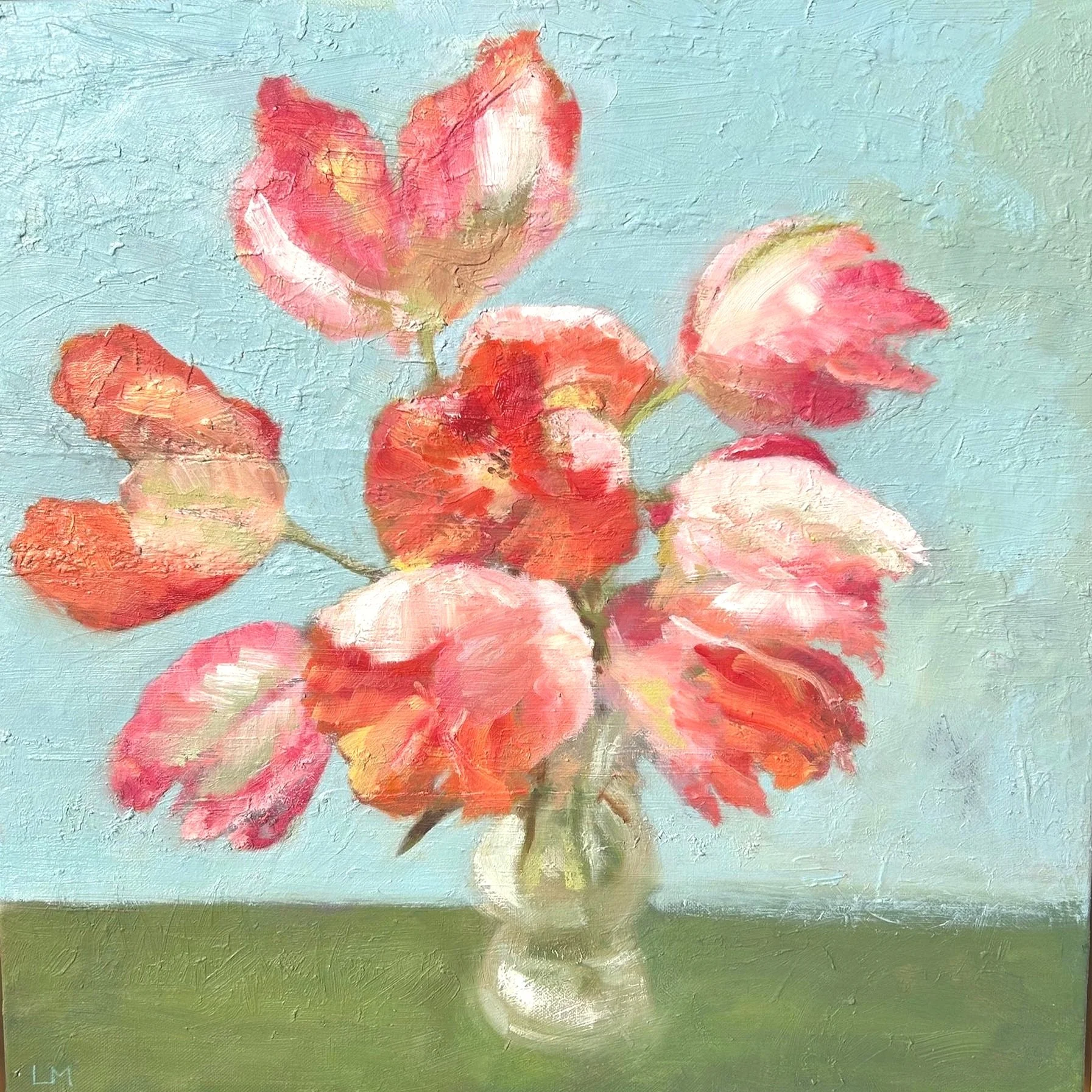 Pretty pink tulips in a vase oil painting by Louise Man