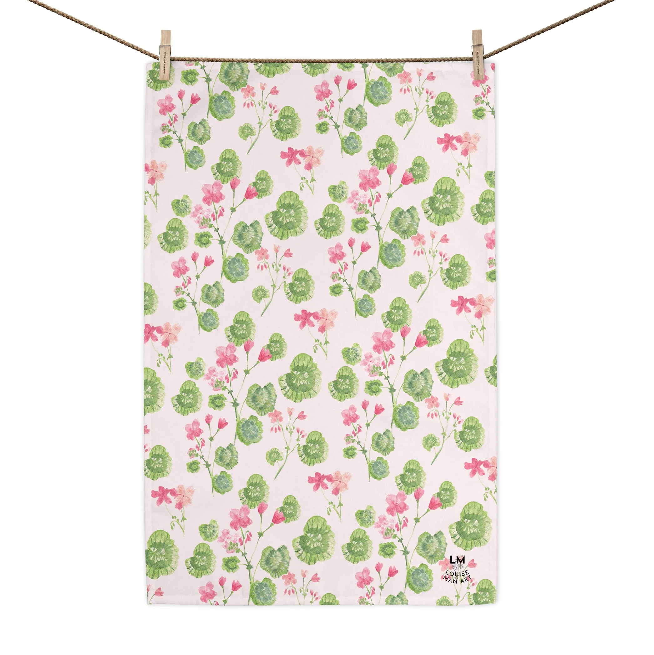 Geranium tea towel by Louise Man Art