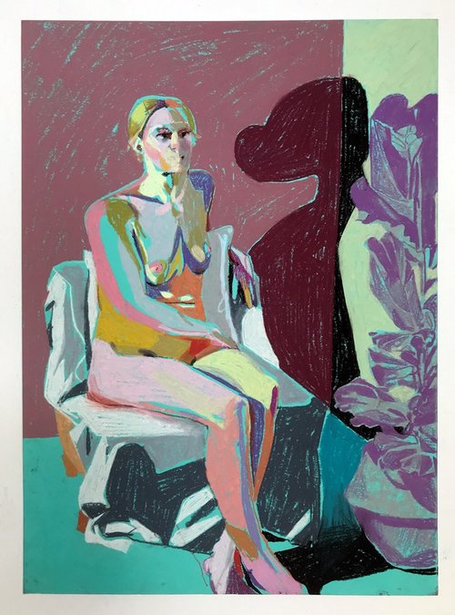 Hester Finch Nude on turquoise with violet plant