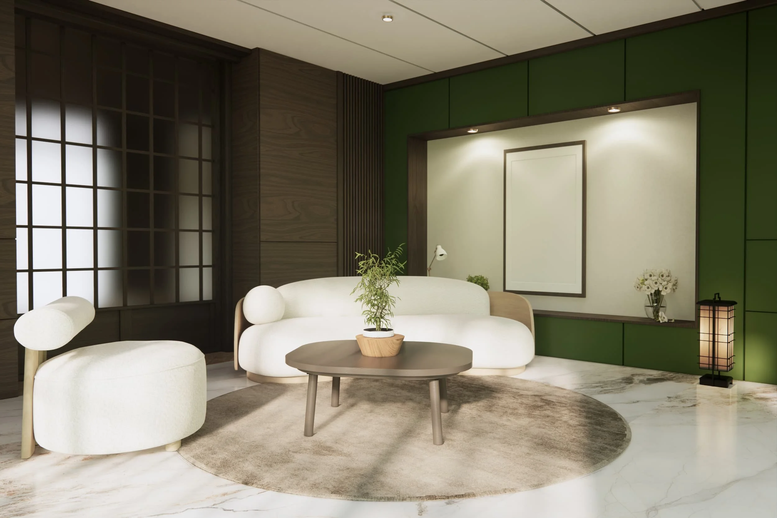 A bold minimalist living room, featuring a forest green coloured wall, white sofas and a beige rug.