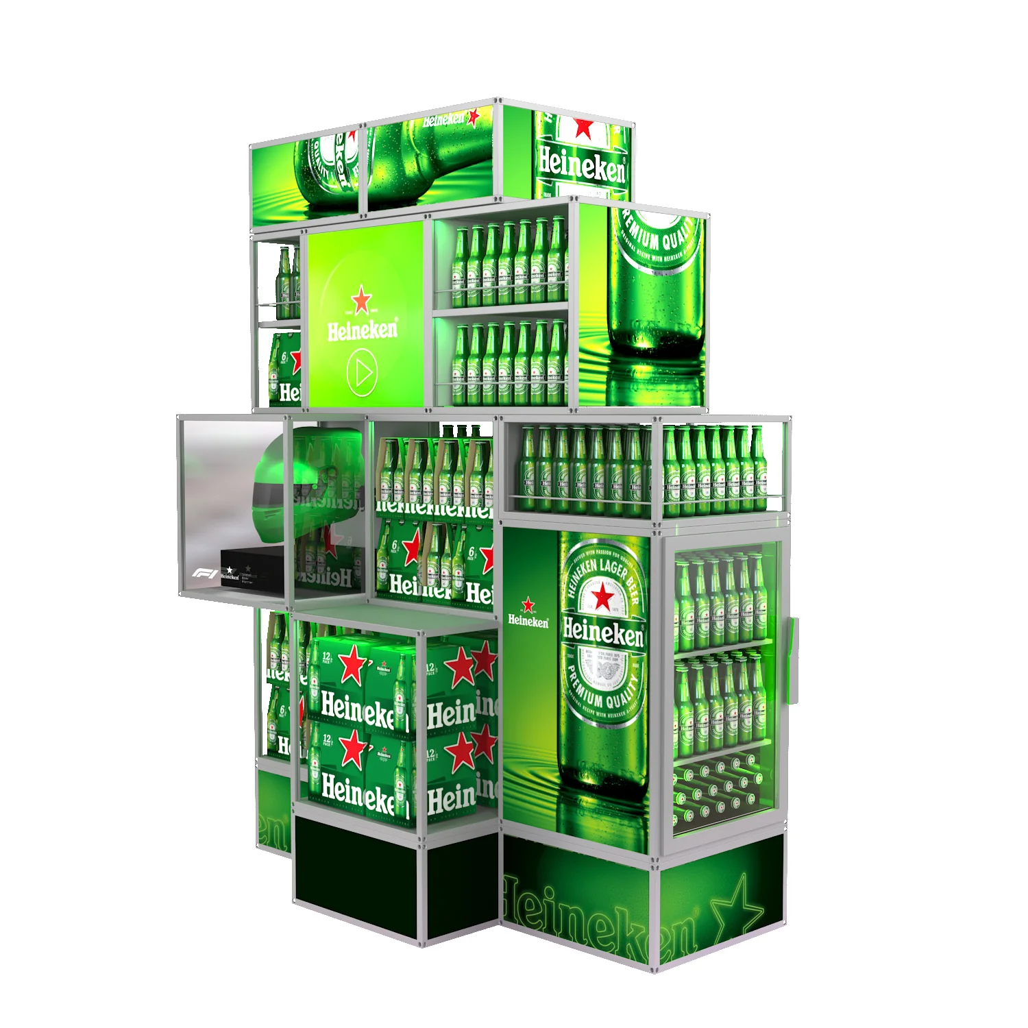 Heineken modular display system featuring stacked cuboids with green LED lighting.