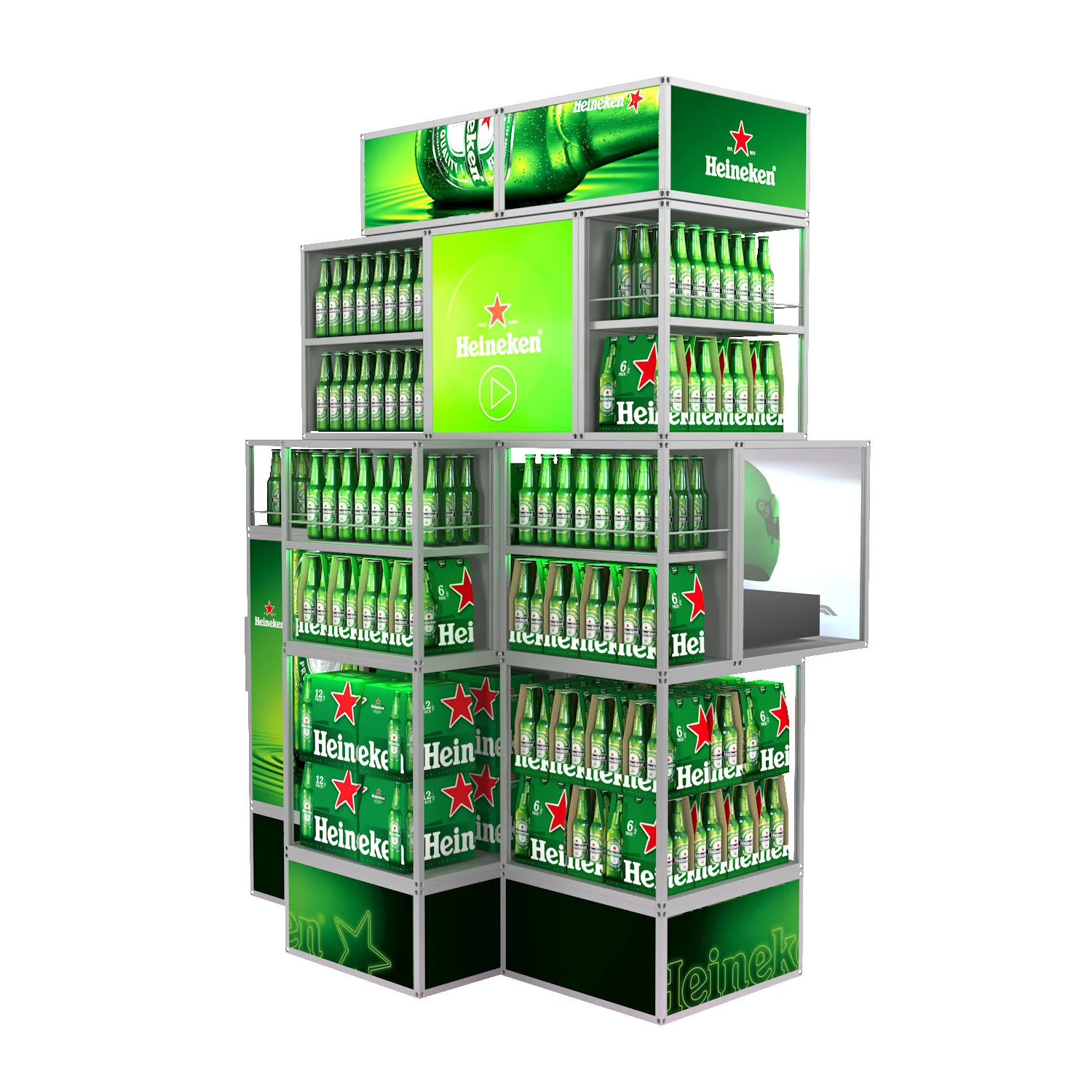 Heineken modular display system featuring stacked cuboids with green LED lighting.