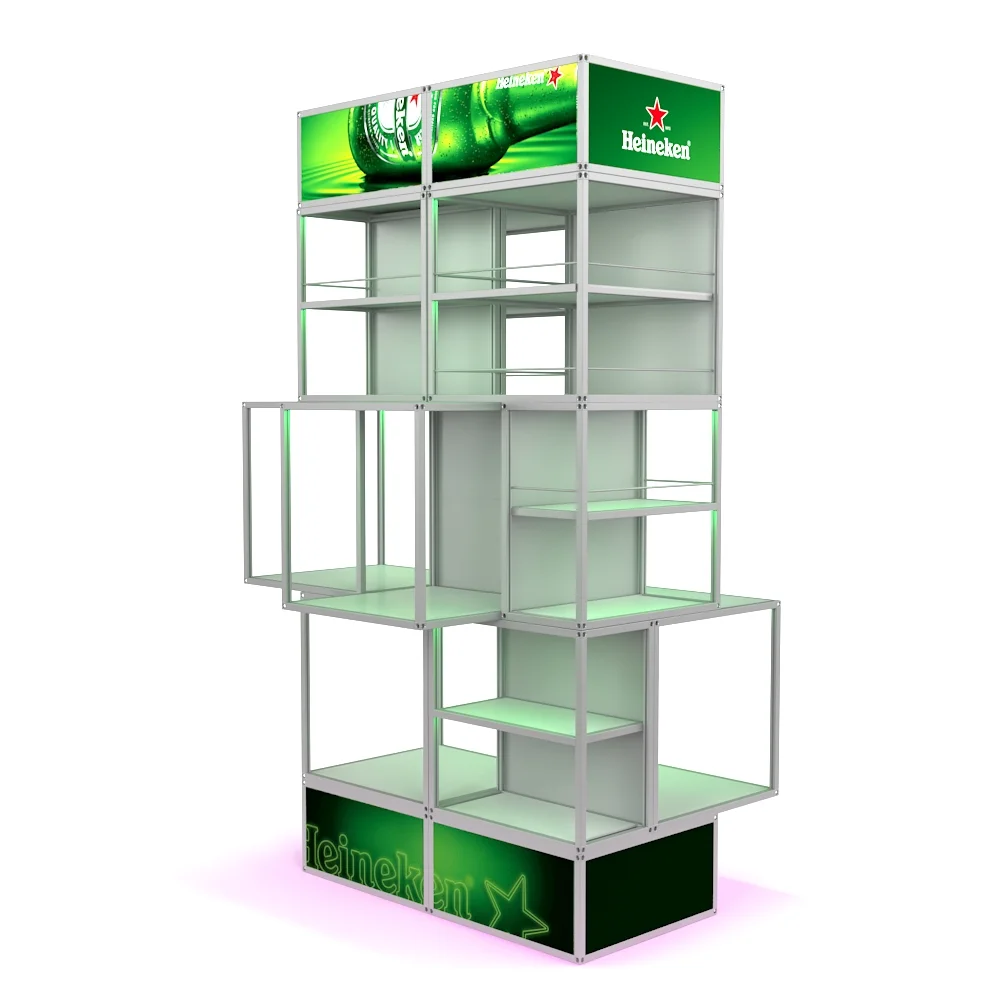 Aluminum frame connectors and interchangeable graphic panels on the Heineken POS unit.