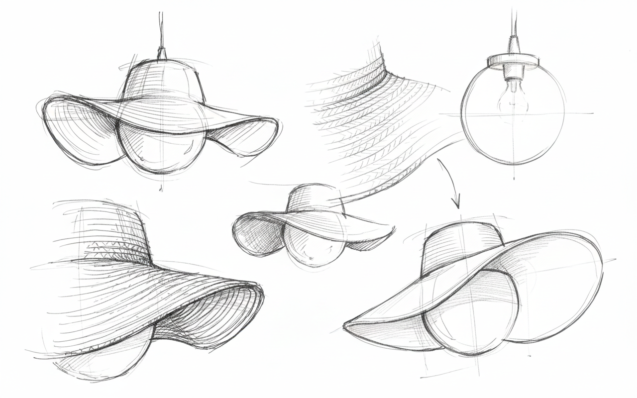 Design sketches of the Nuage Lamp showing the woven texture and hat-like silhouette.