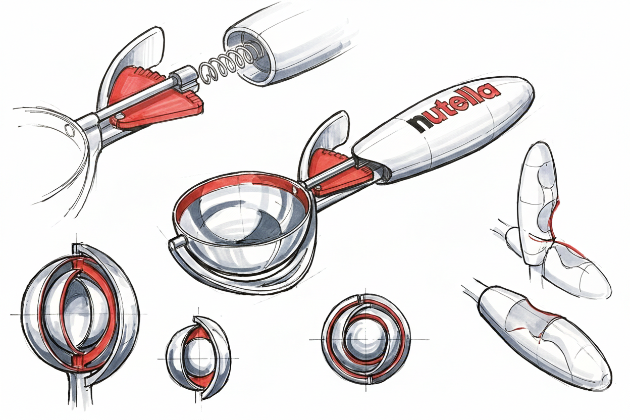 Gnammy Balls utensil designed for Ferrero, a specialized white and orange scoop for making fruit and Nutella snacks.