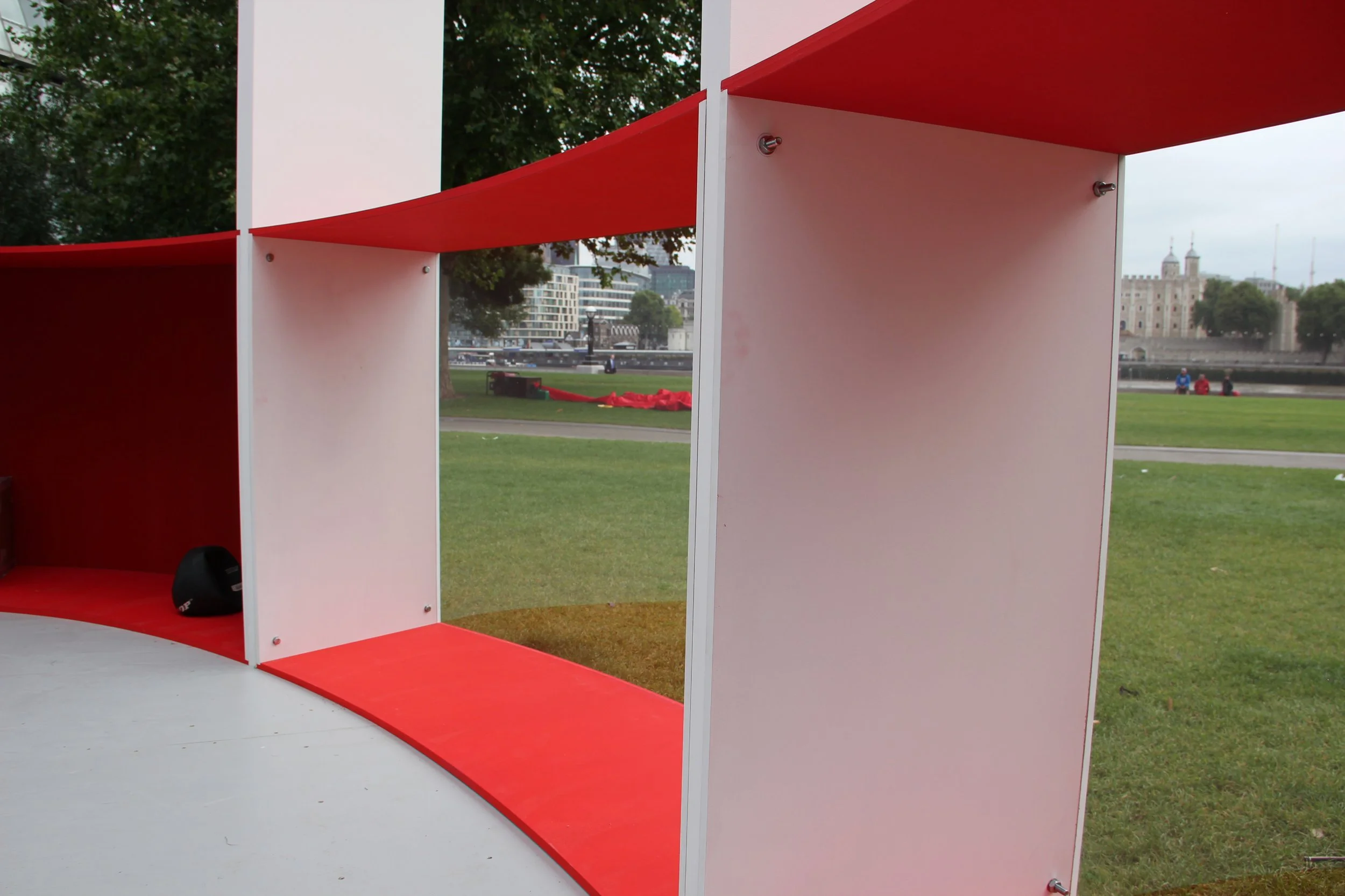Giant Coca-Cola rugby ball pop-up structure at Potters Field Park for Rugby World Cup 2015.