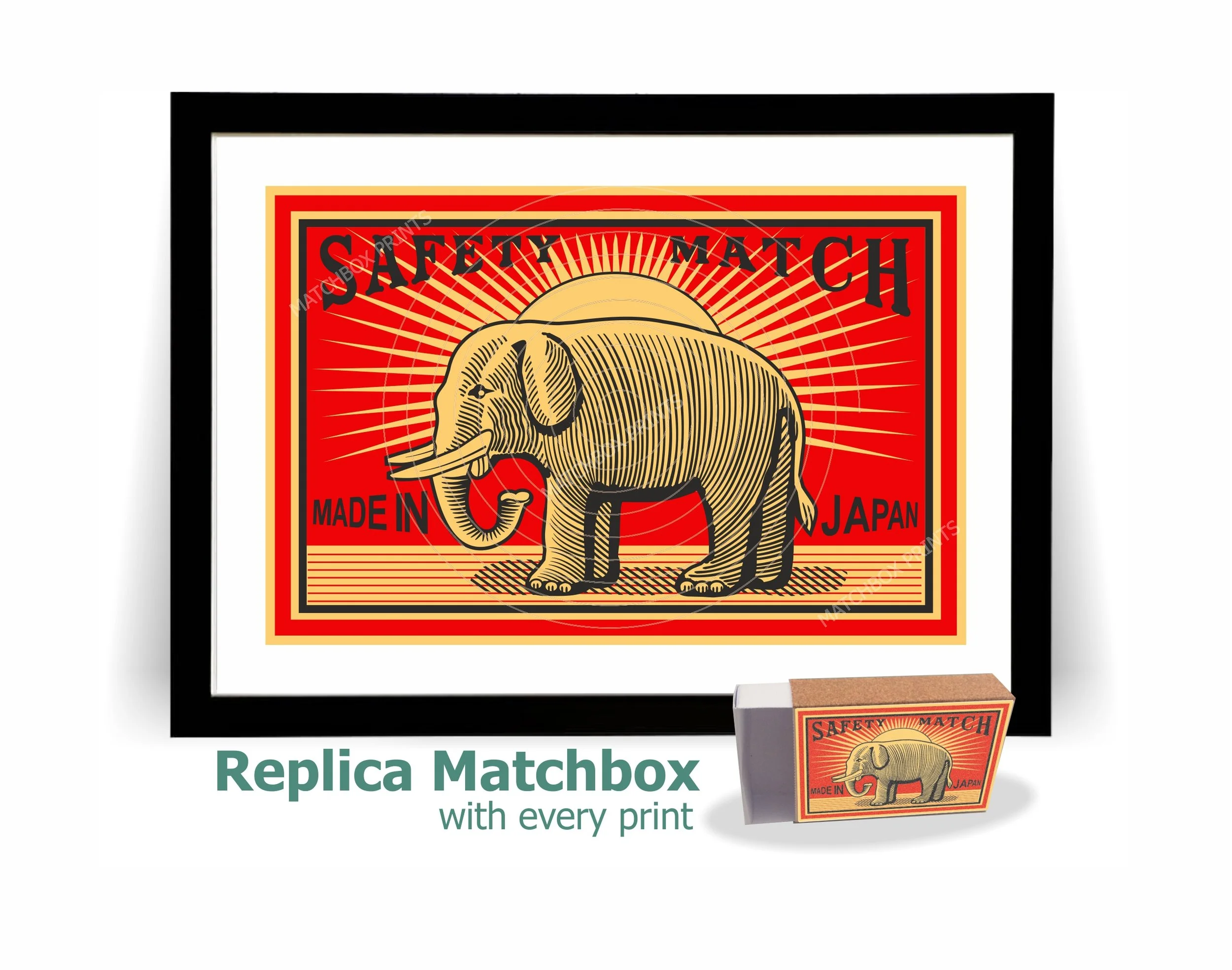  Elephant Sunburst Matchbox Label Print