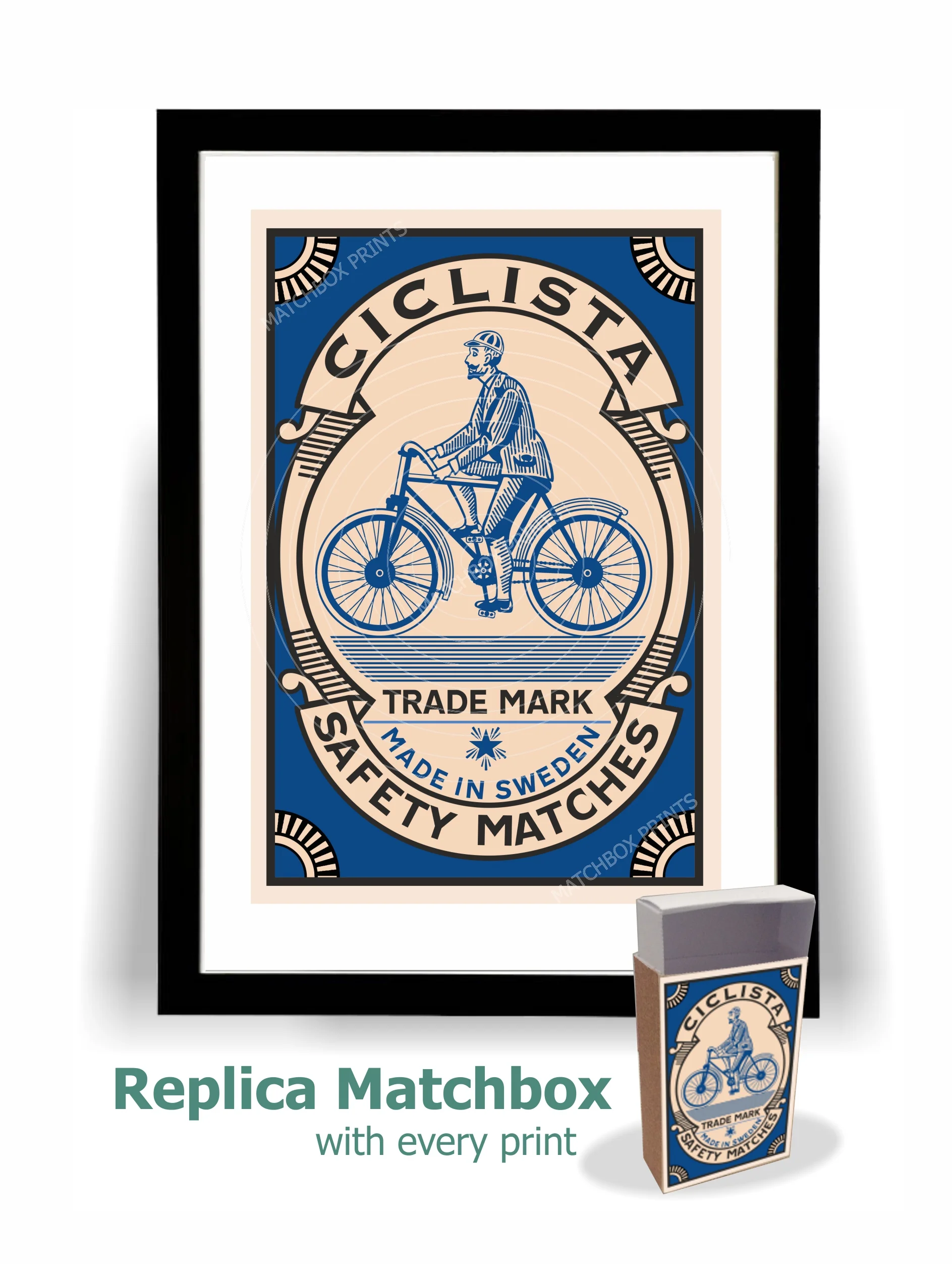 1930's Ciclista Swedish Blue Matchbox Print