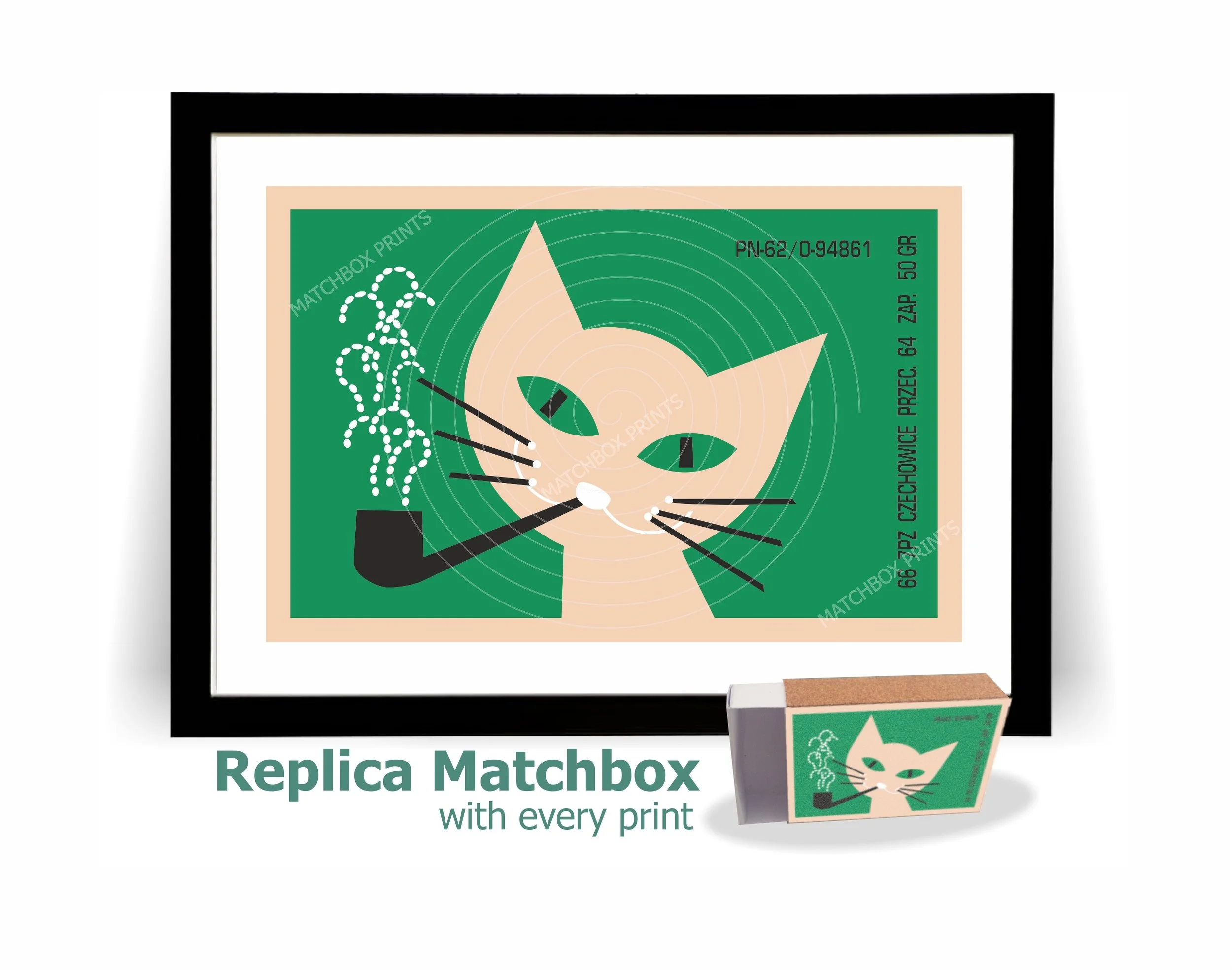 Green Pipe Smoking Poland Cat Matchbox Print